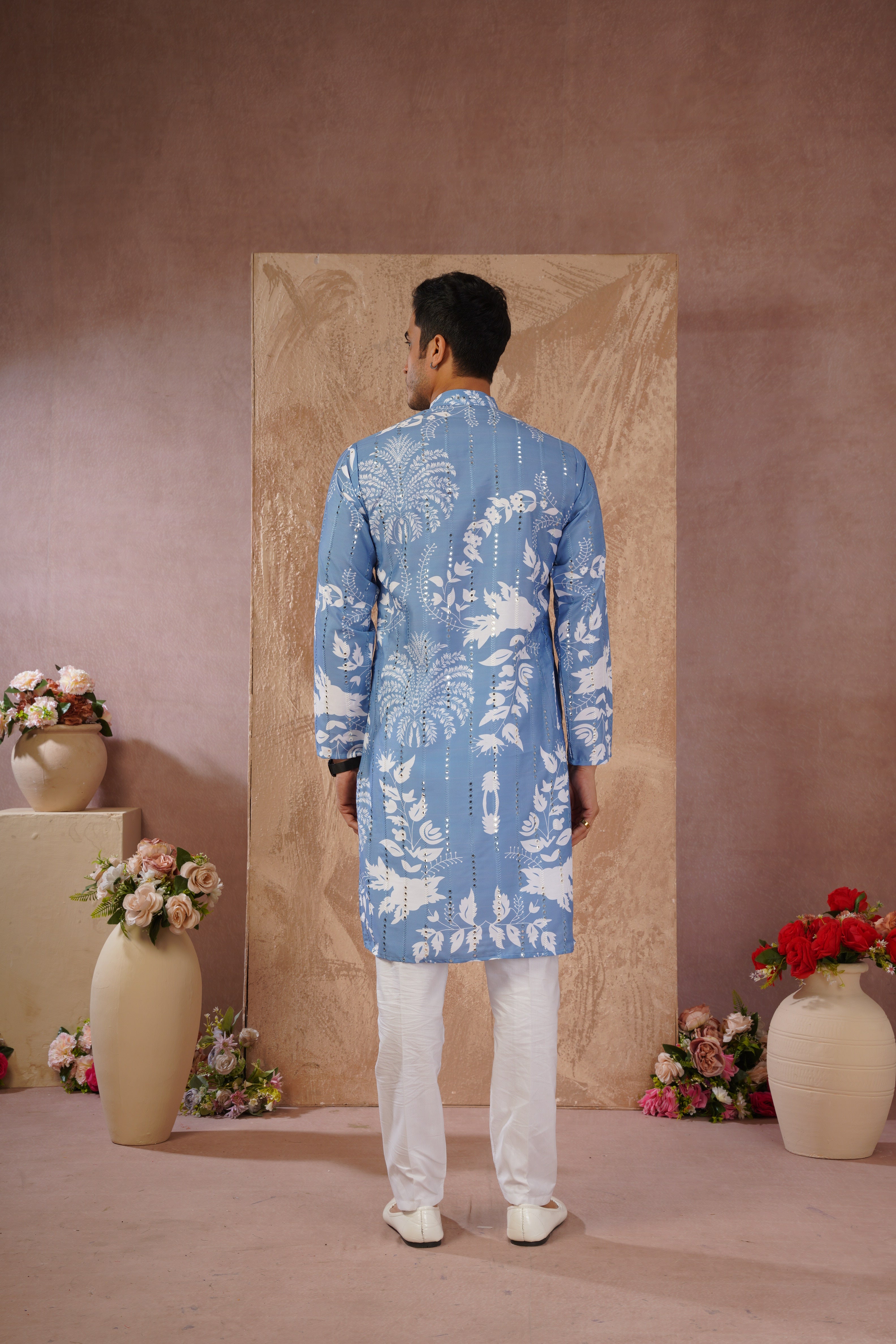 Blue Luxe Mirror Work Printed Kurta Set for Men