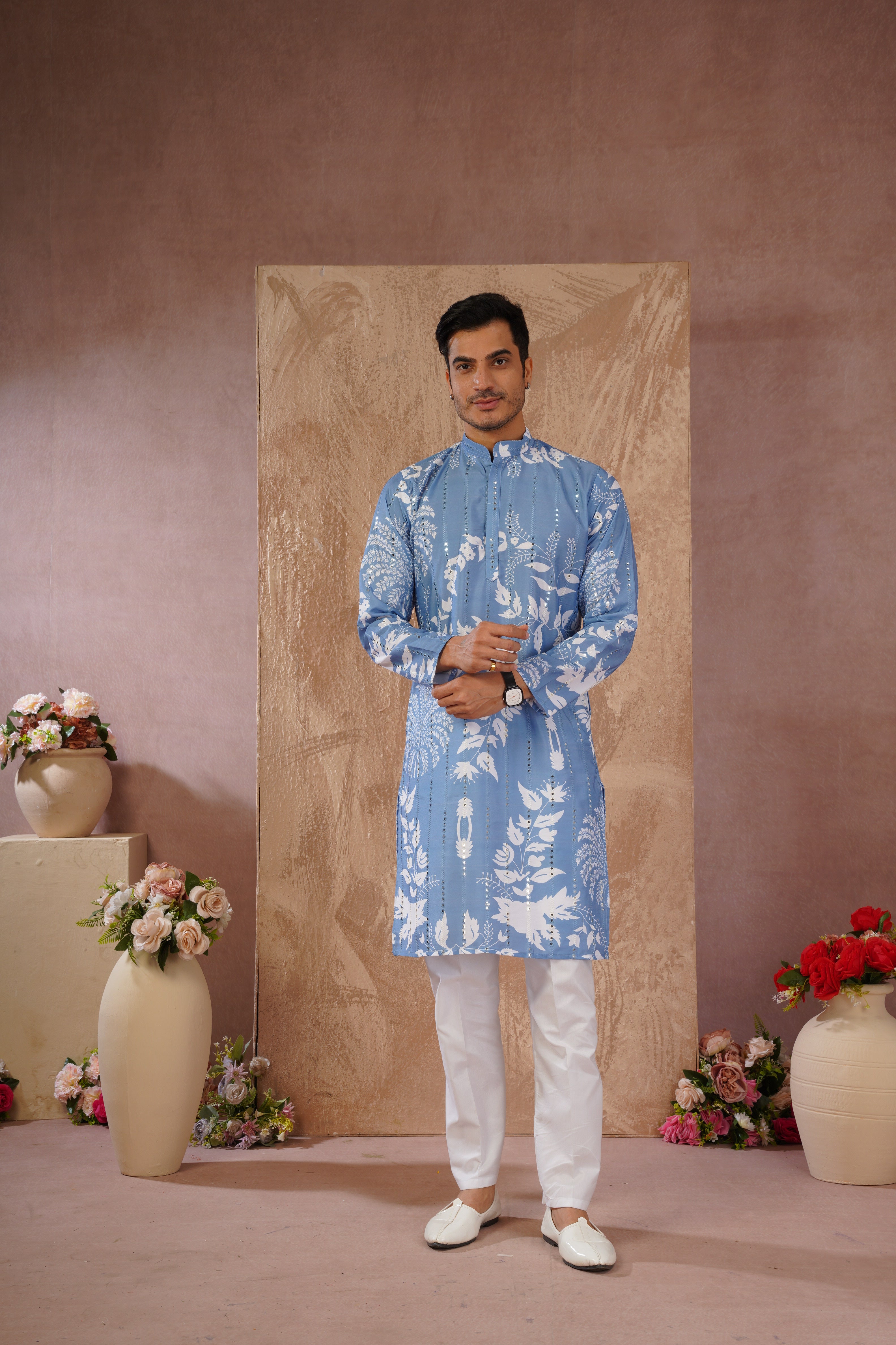 Blue Luxe Mirror Work Printed Kurta Set for Men