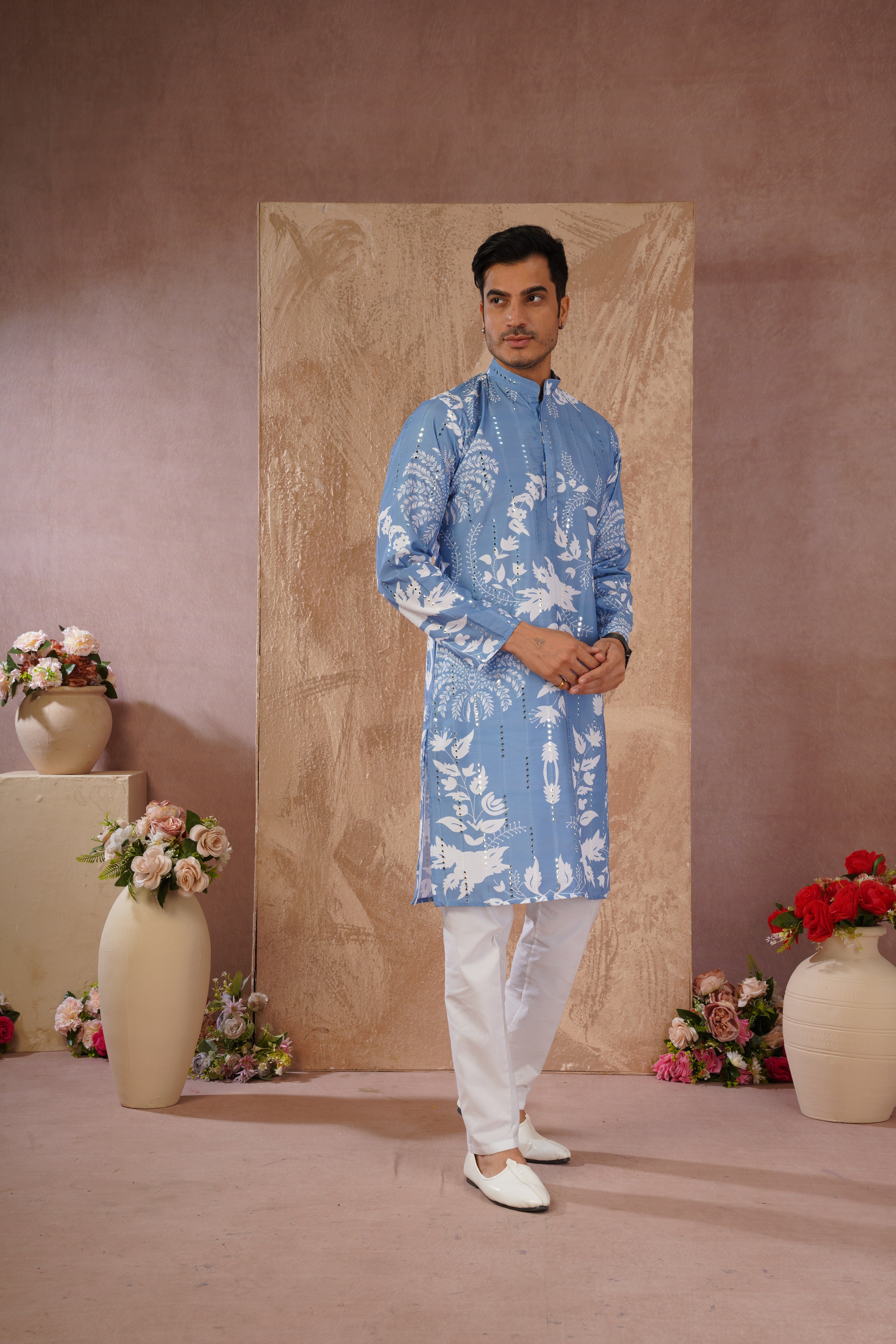 Blue Luxe Mirror Work Printed Kurta Set for Men
