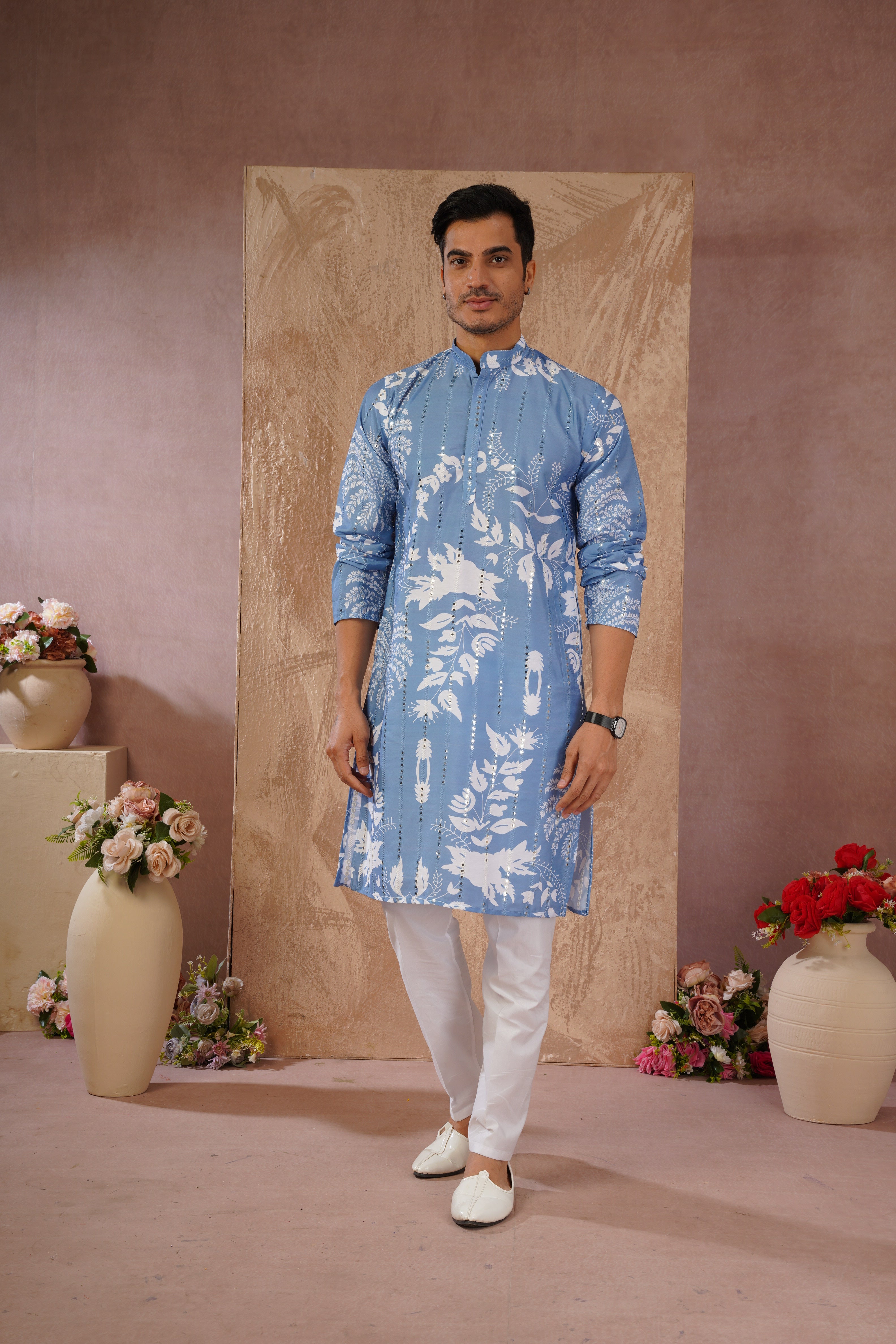 Blue Luxe Mirror Work Printed Kurta Set for Men