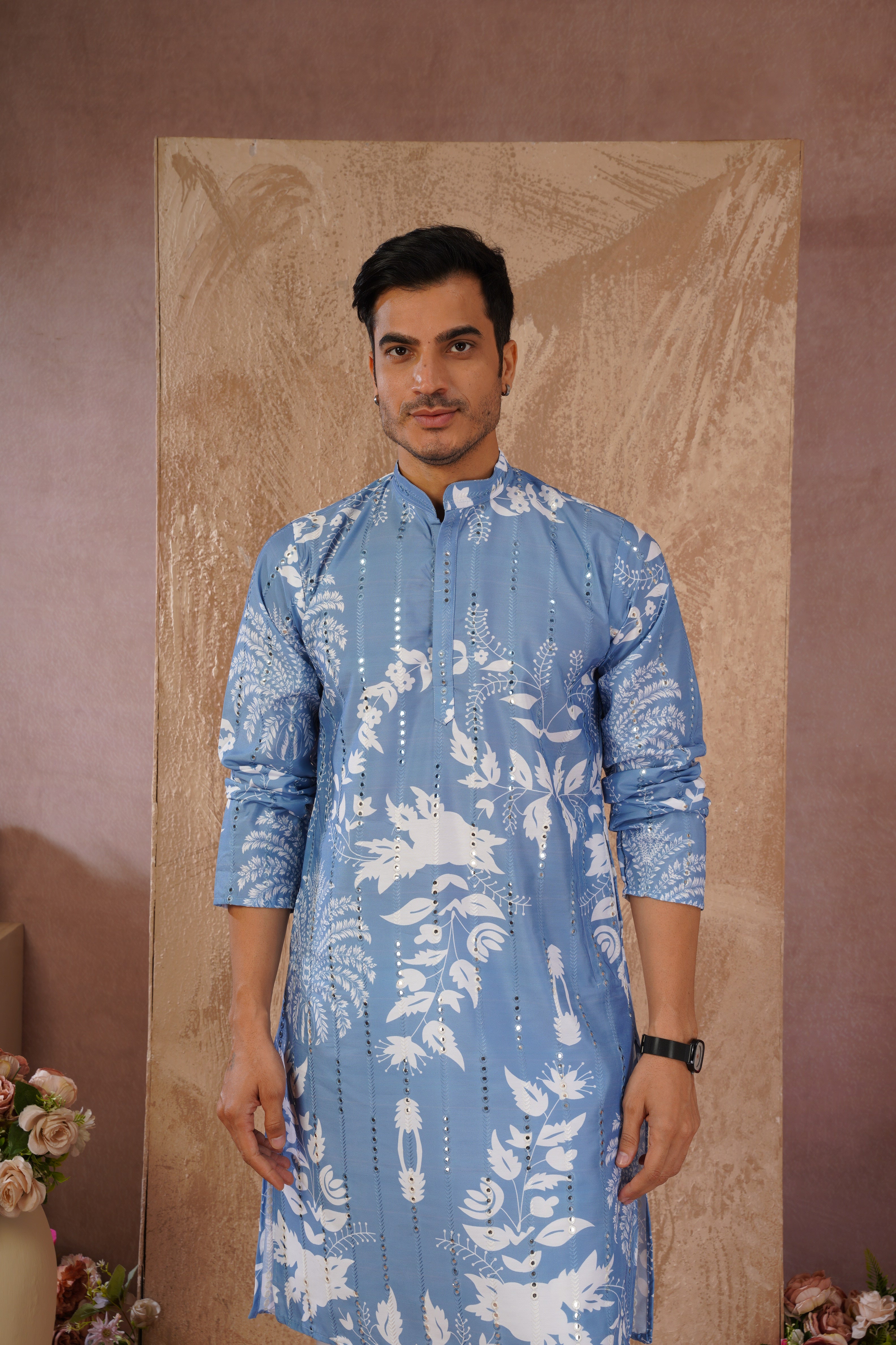 Blue Luxe Mirror Work Printed Kurta Set for Men