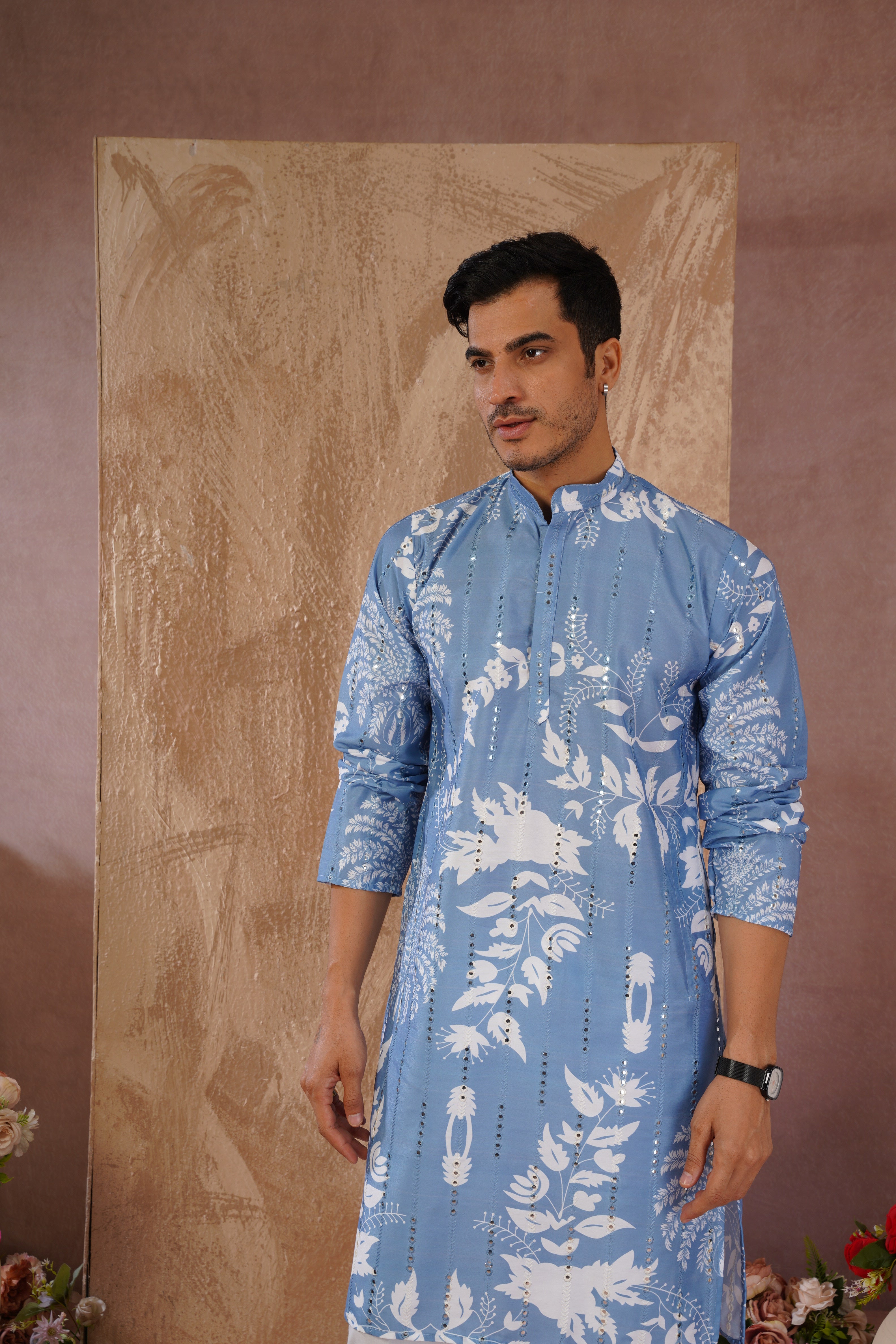 Blue Luxe Mirror Work Printed Kurta Set for Men