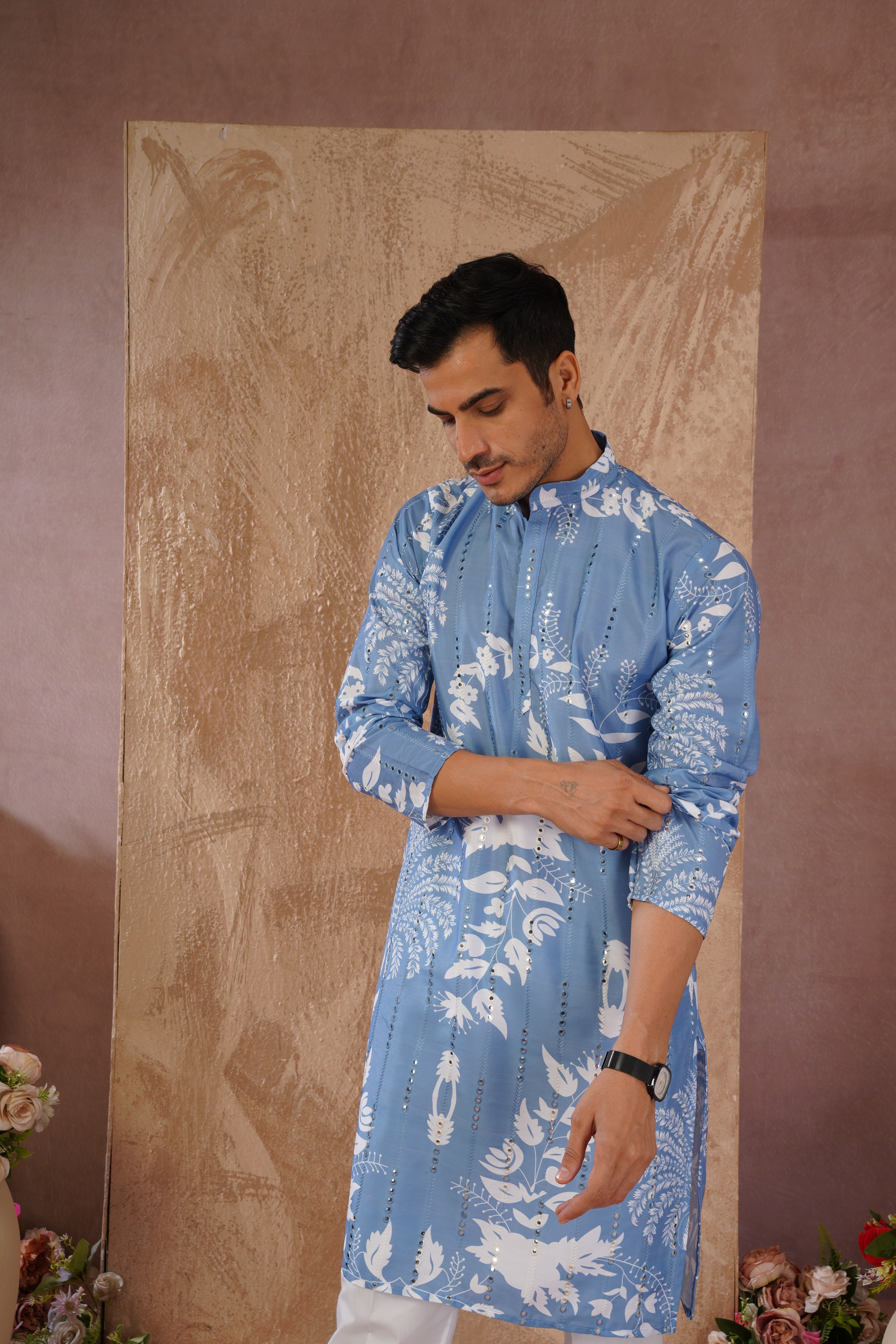 Blue Luxe Mirror Work Printed Kurta Set for Men