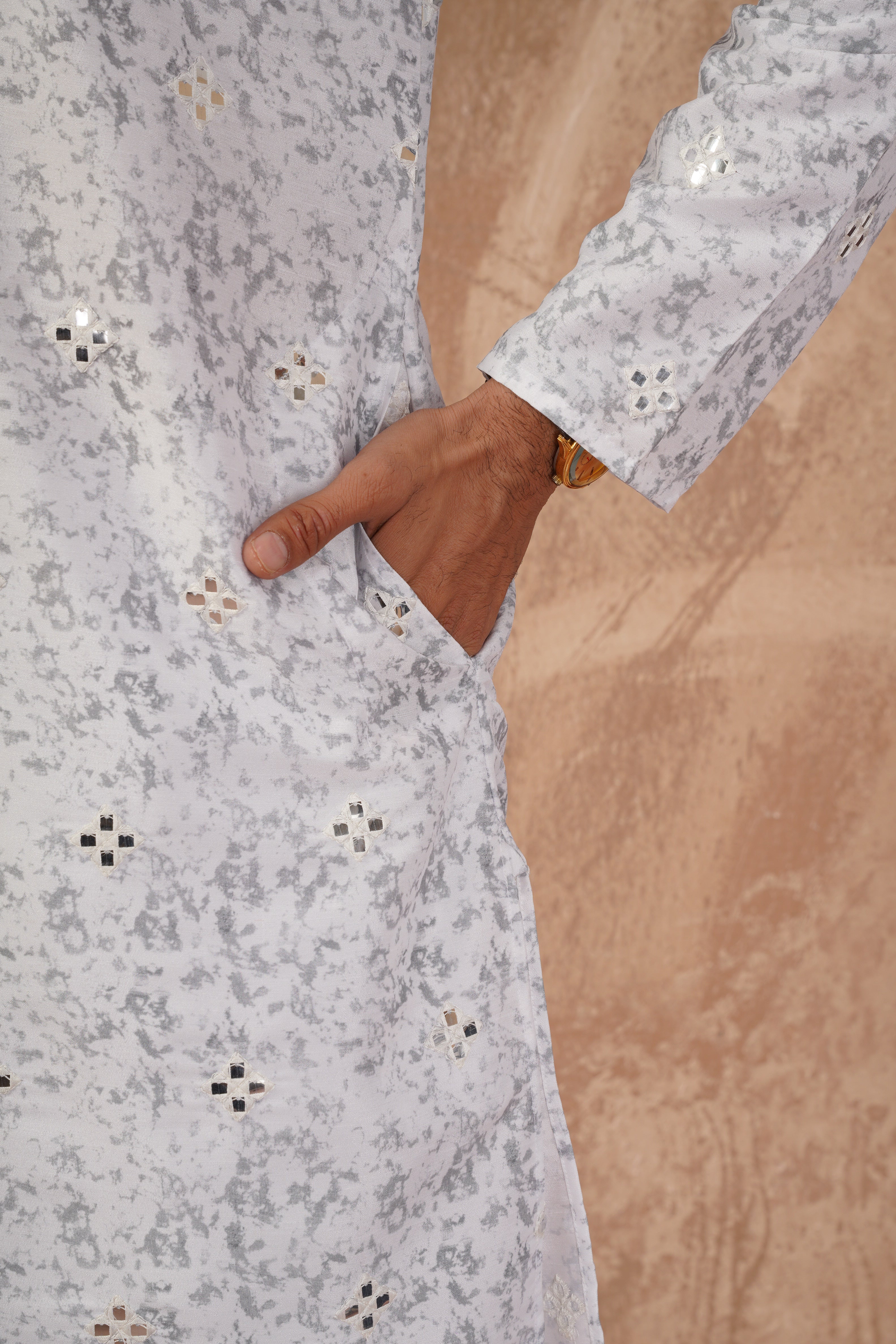 Grey Splash Print Mens Kurta with Mirror Highlights