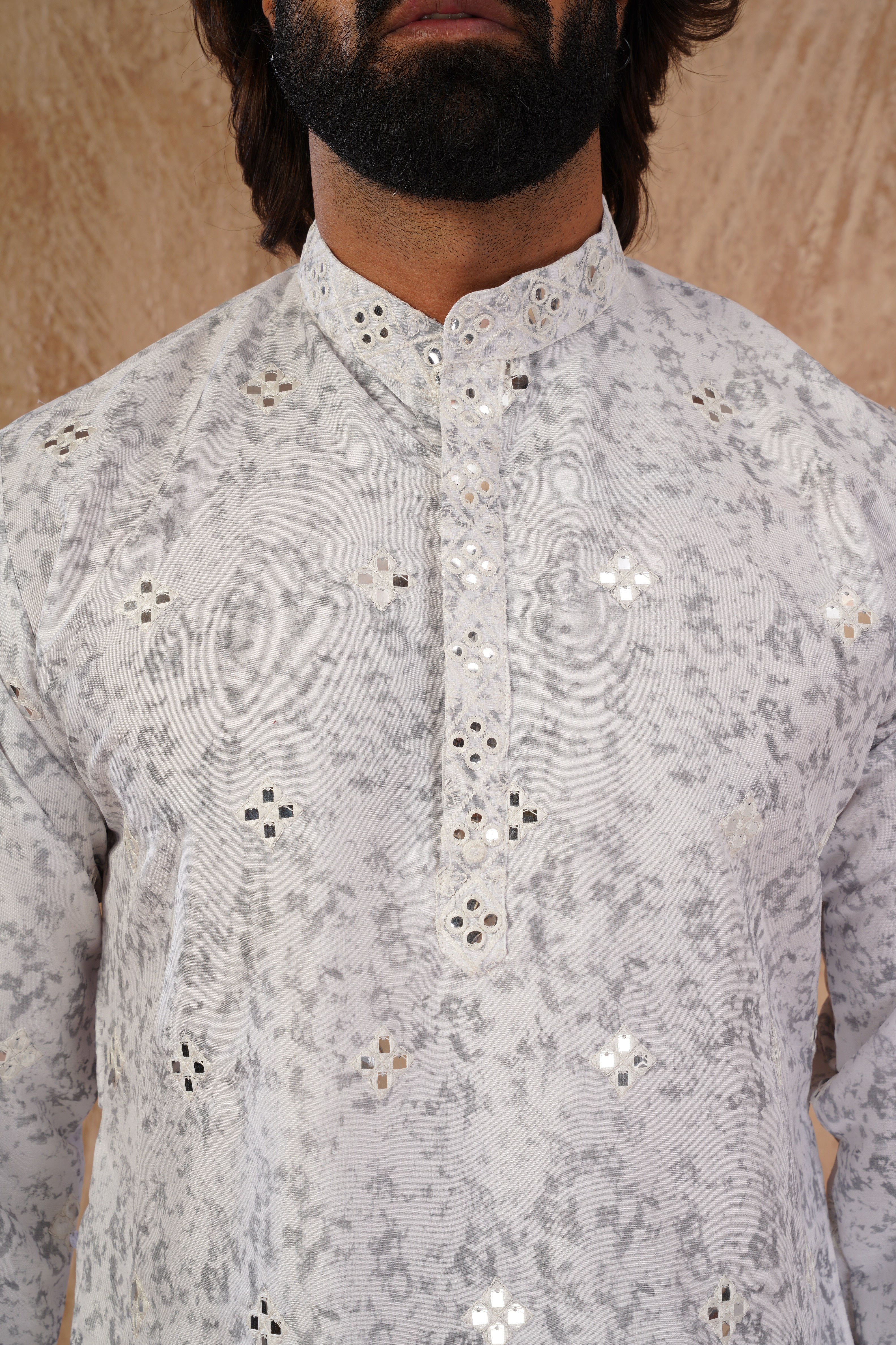 Grey Splash Print Mens Kurta with Mirror Highlights