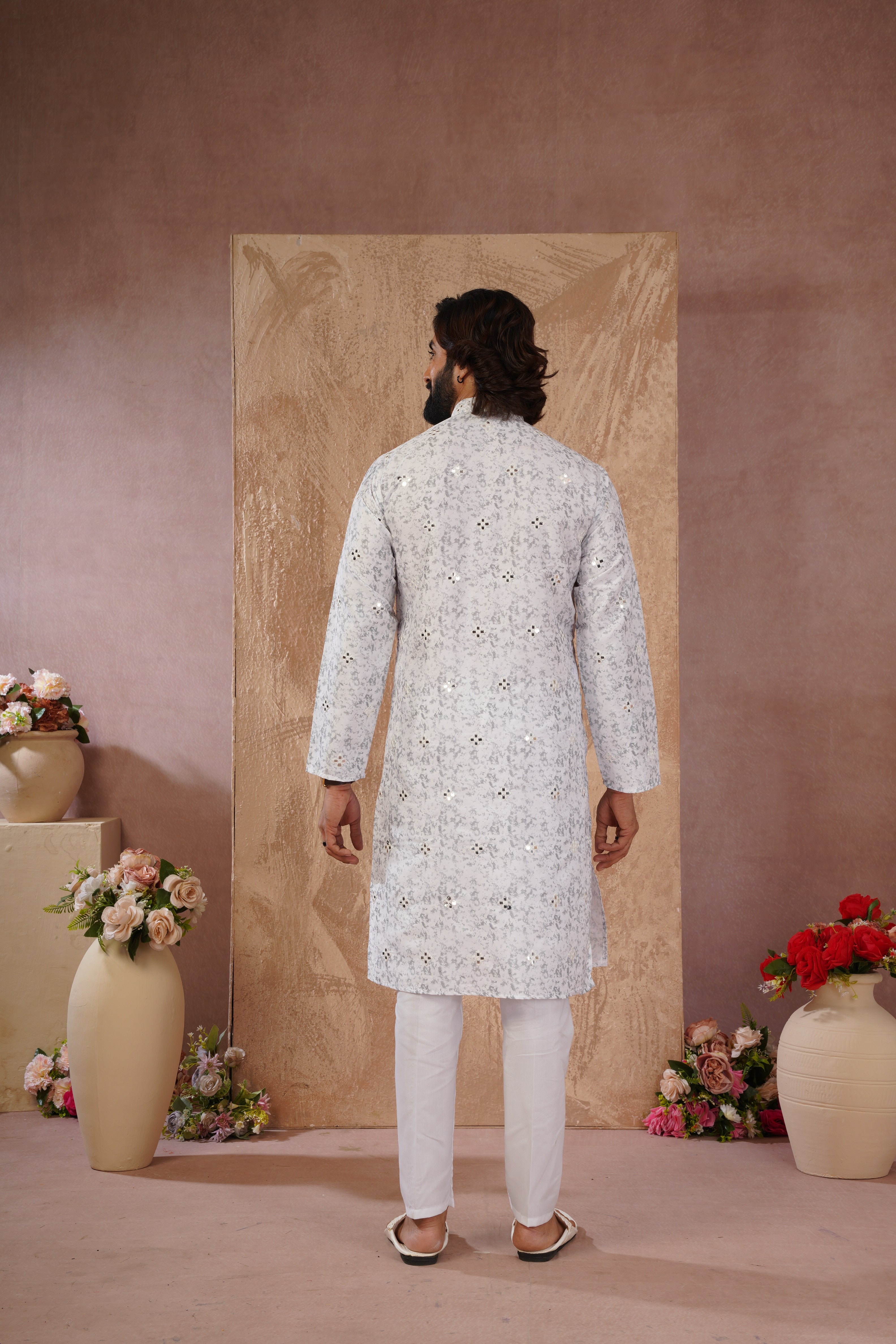 Grey Splash Print Mens Kurta with Mirror Highlights