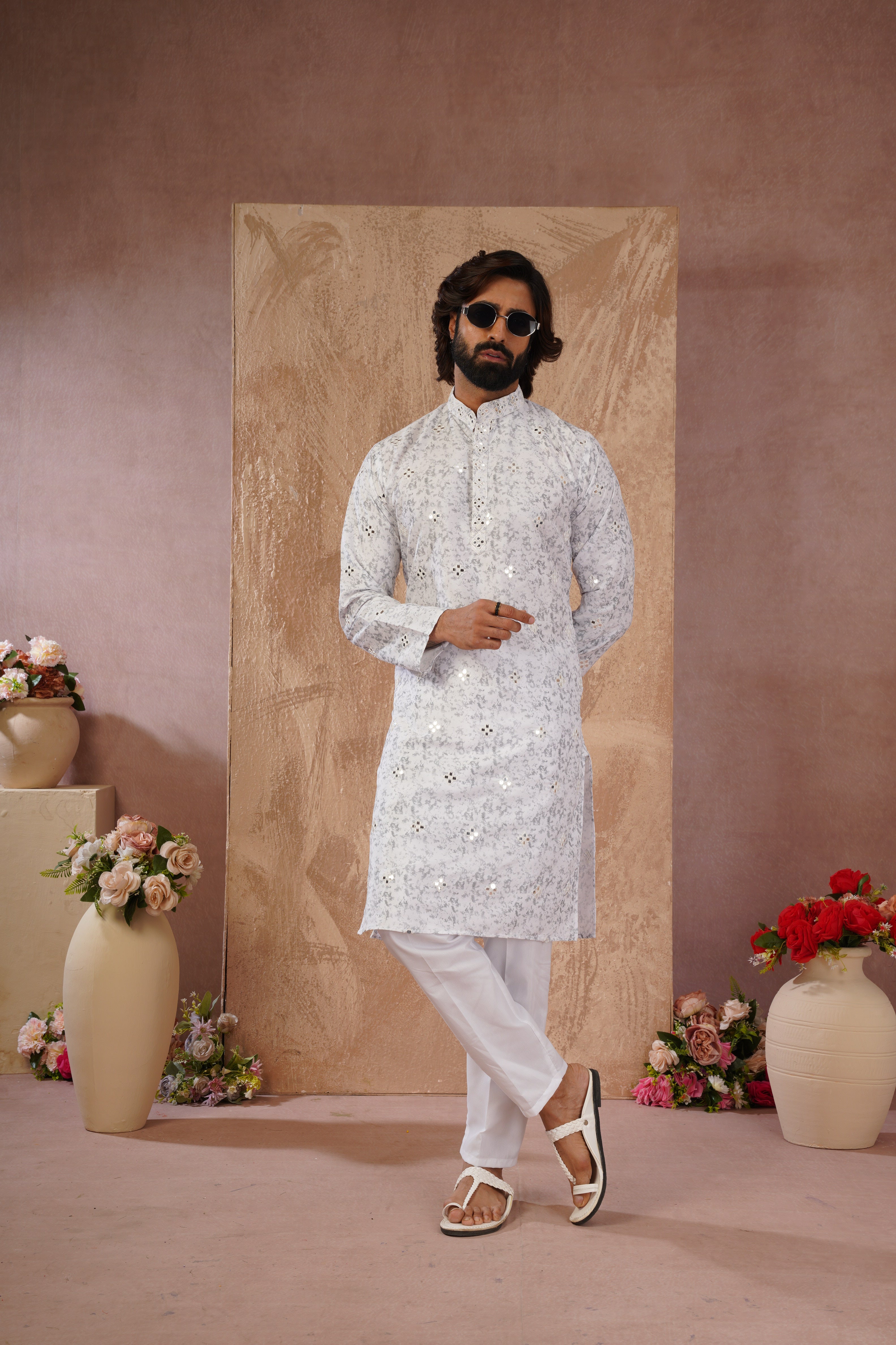 Grey Splash Print Mens Kurta with Mirror Highlights
