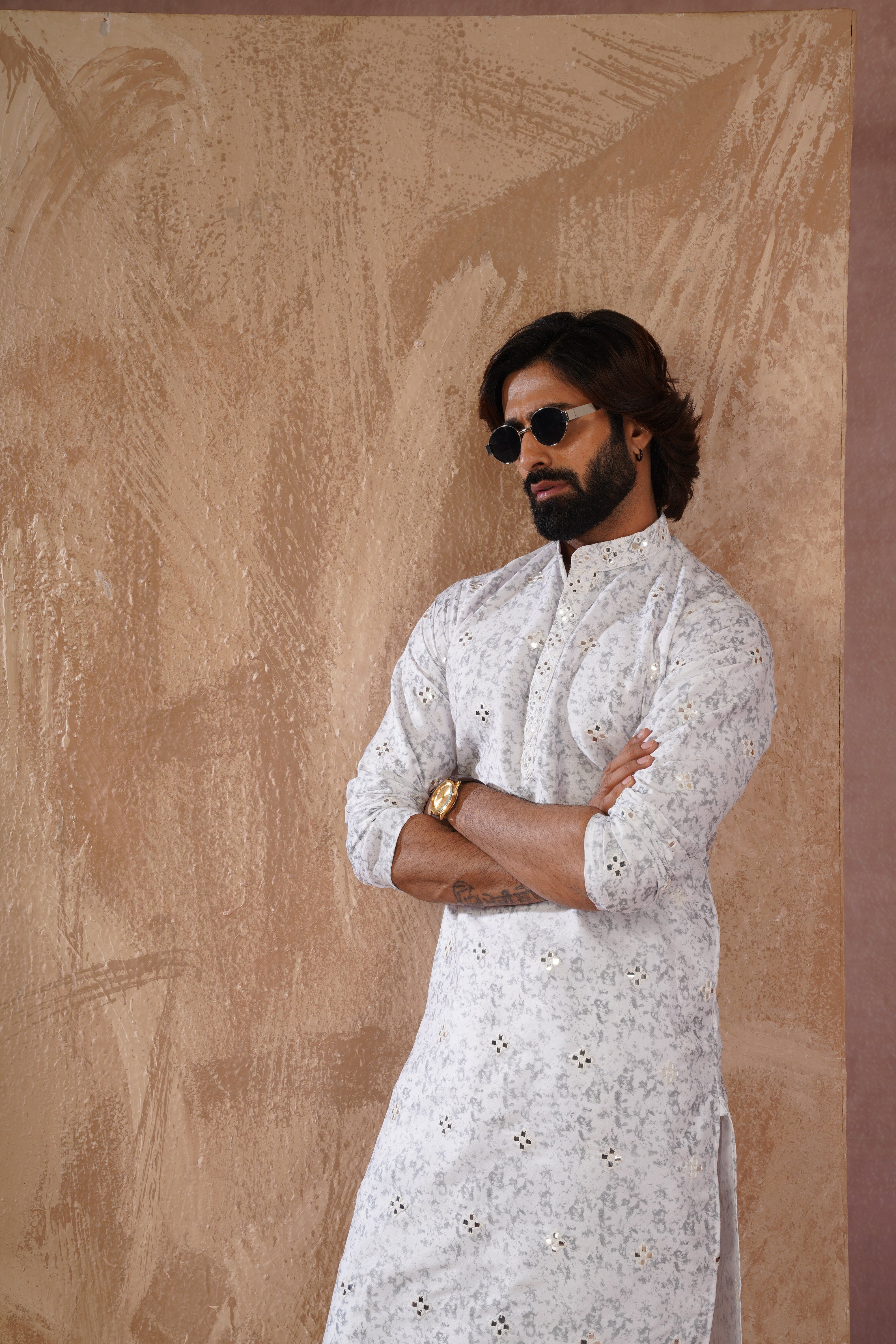 Grey Splash Print Mens Kurta with Mirror Highlights