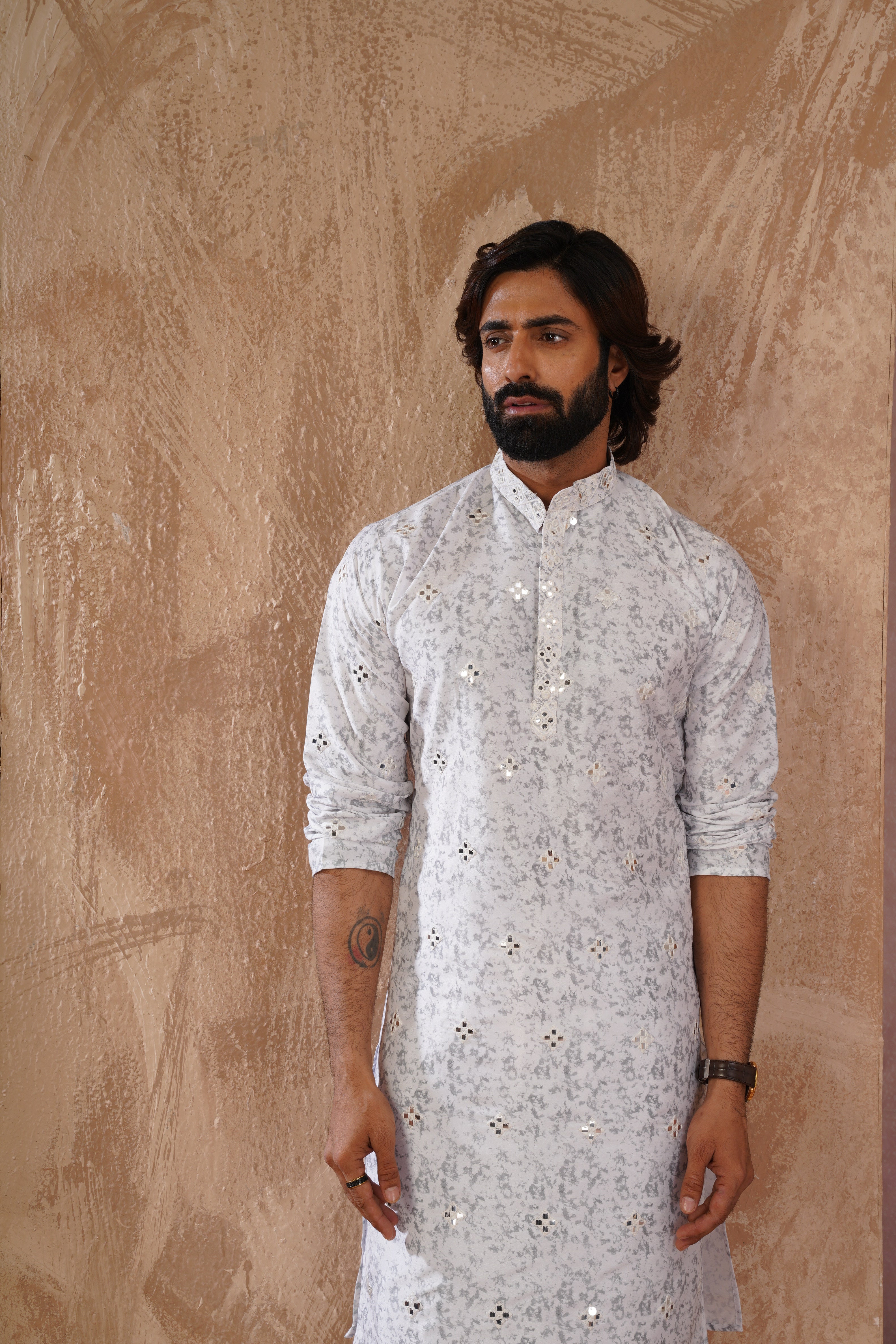 Grey Splash Print Mens Kurta with Mirror Highlights