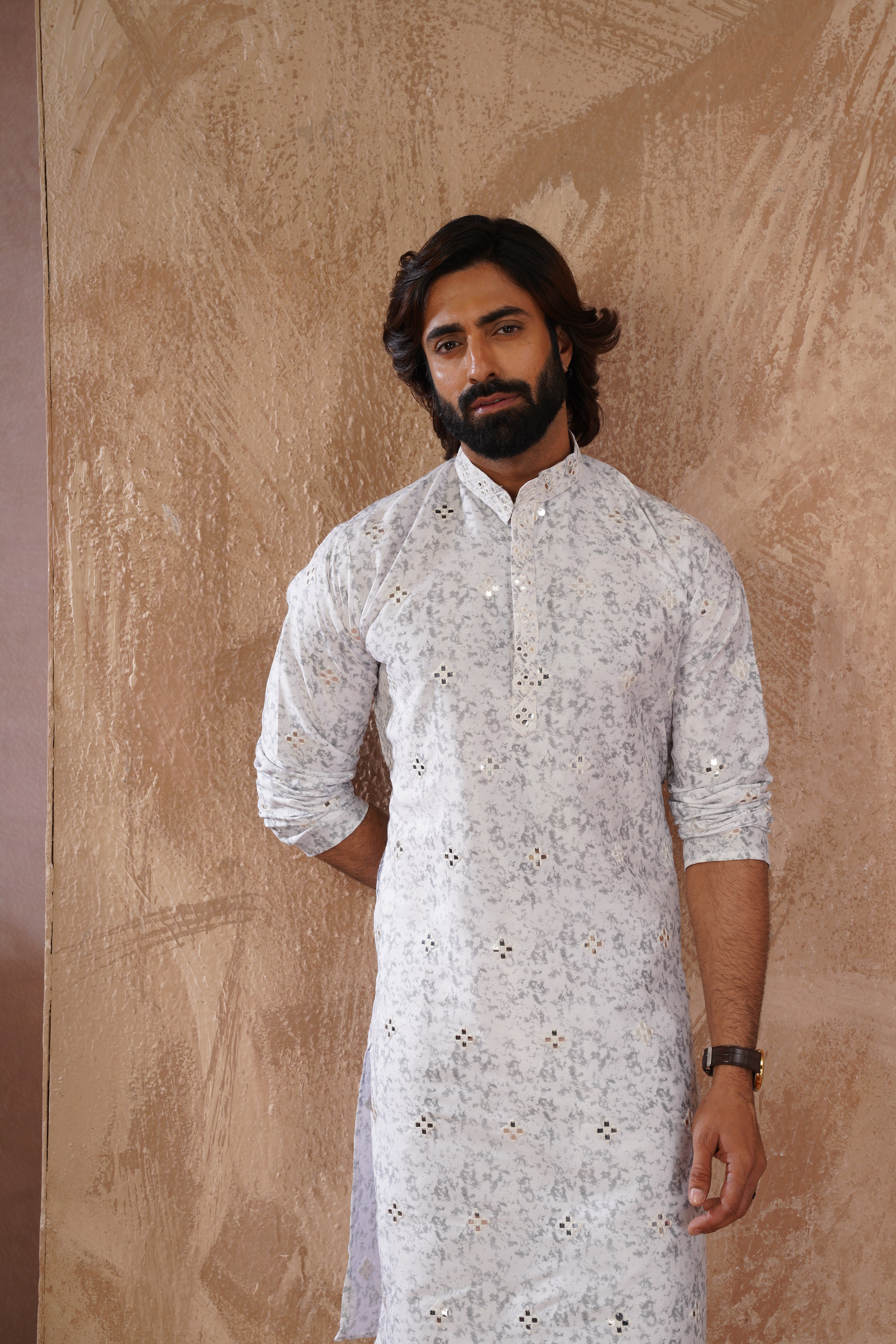 Grey Splash Print Mens Kurta with Mirror Highlights