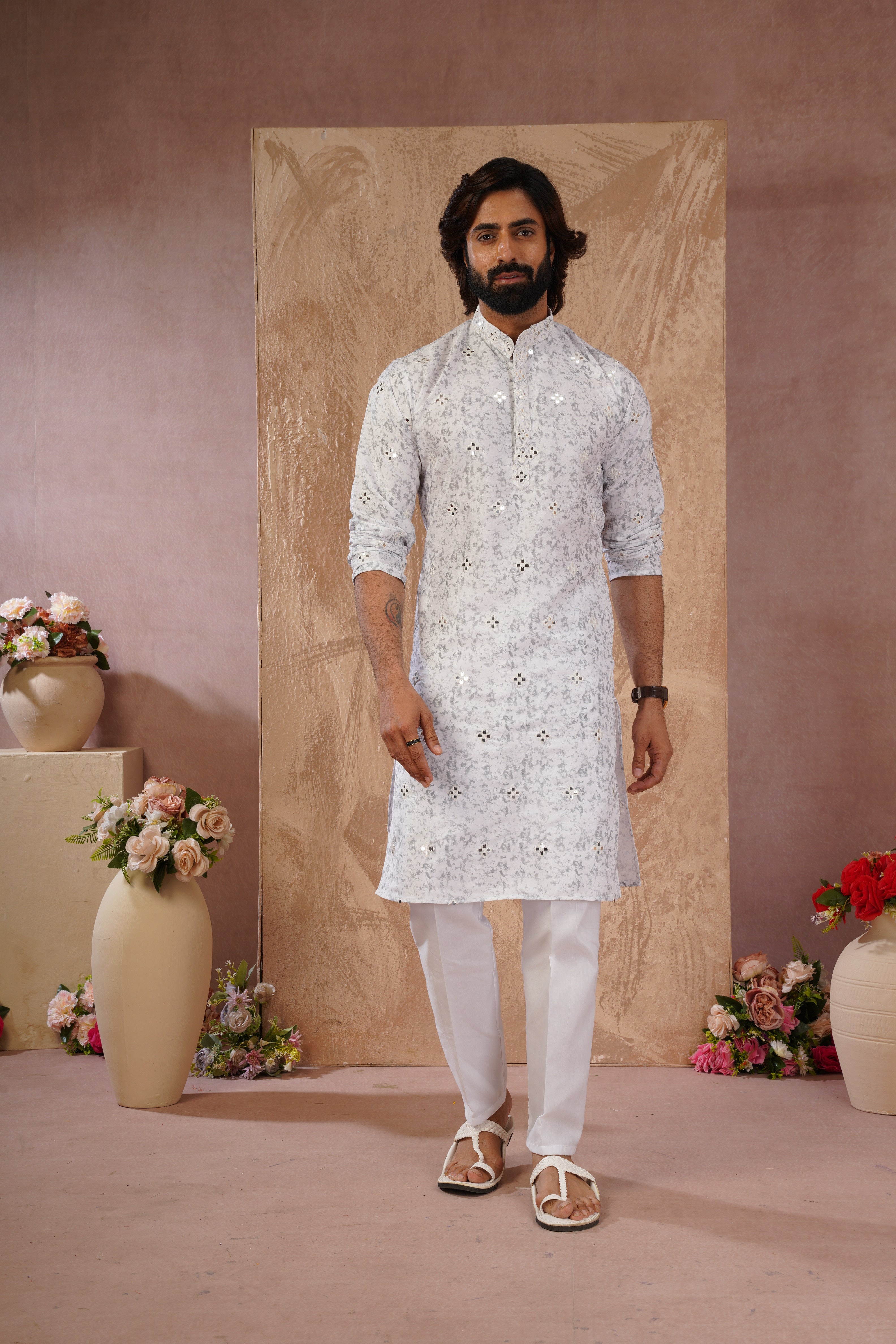 Grey Splash Print Mens Kurta with Mirror Highlights