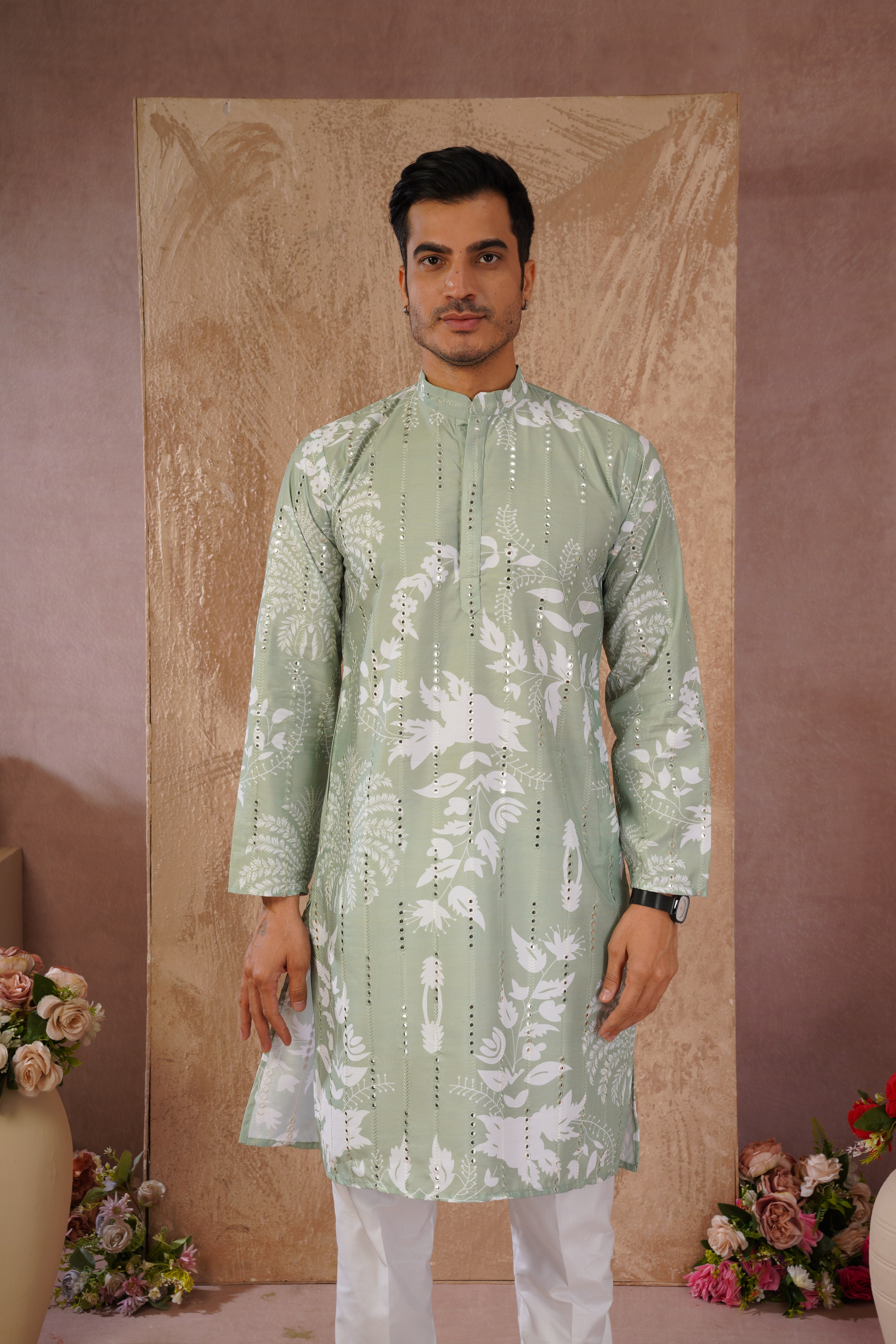 Green Luxe Mirror Work Printed Kurta Set for Men