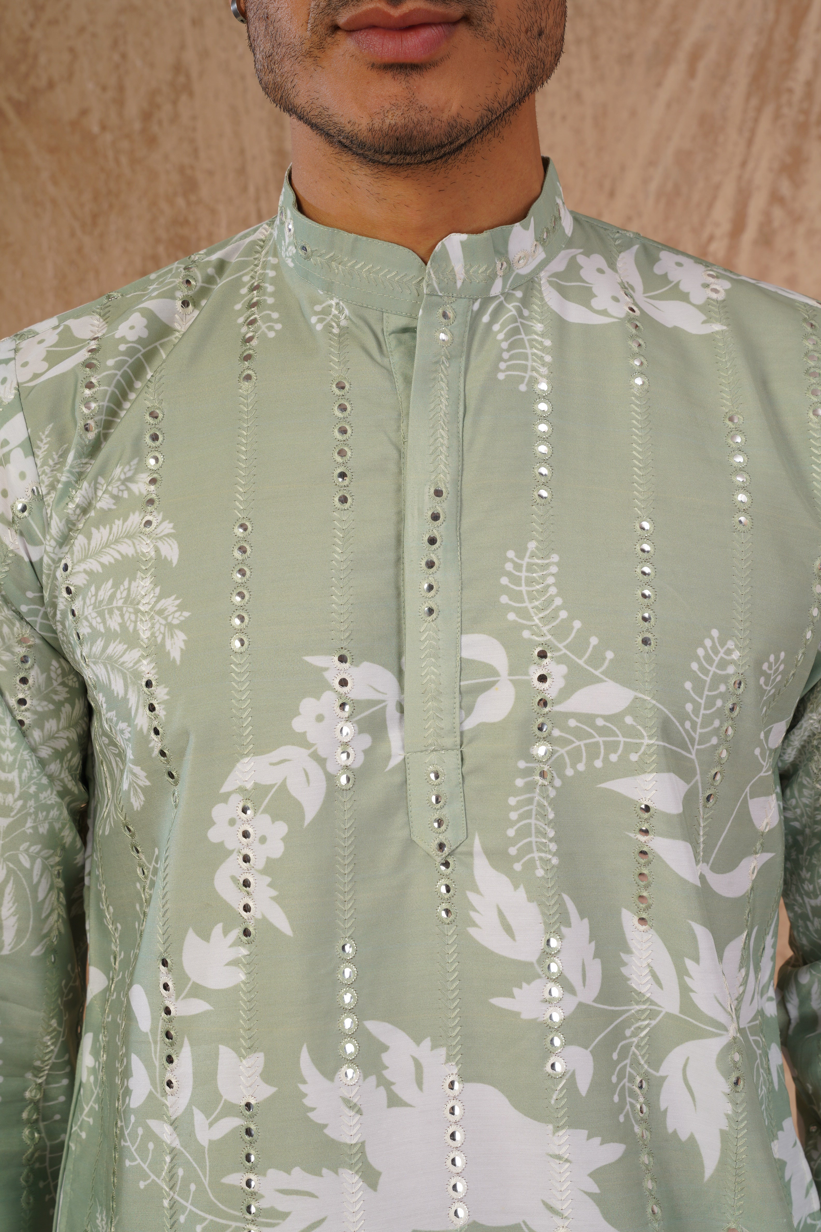 Green Luxe Mirror Work Printed Kurta Set for Men
