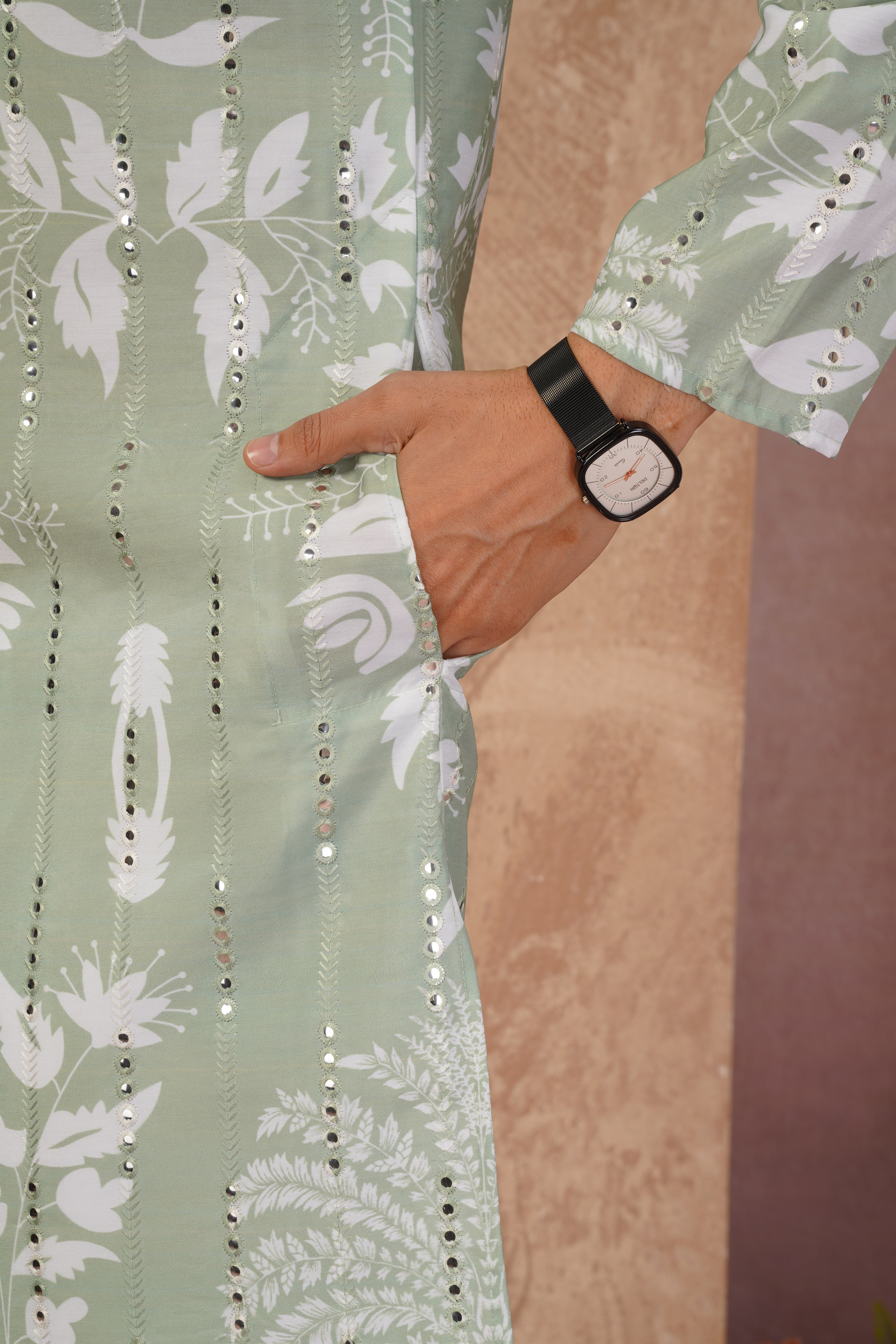 Green Luxe Mirror Work Printed Kurta Set for Men
