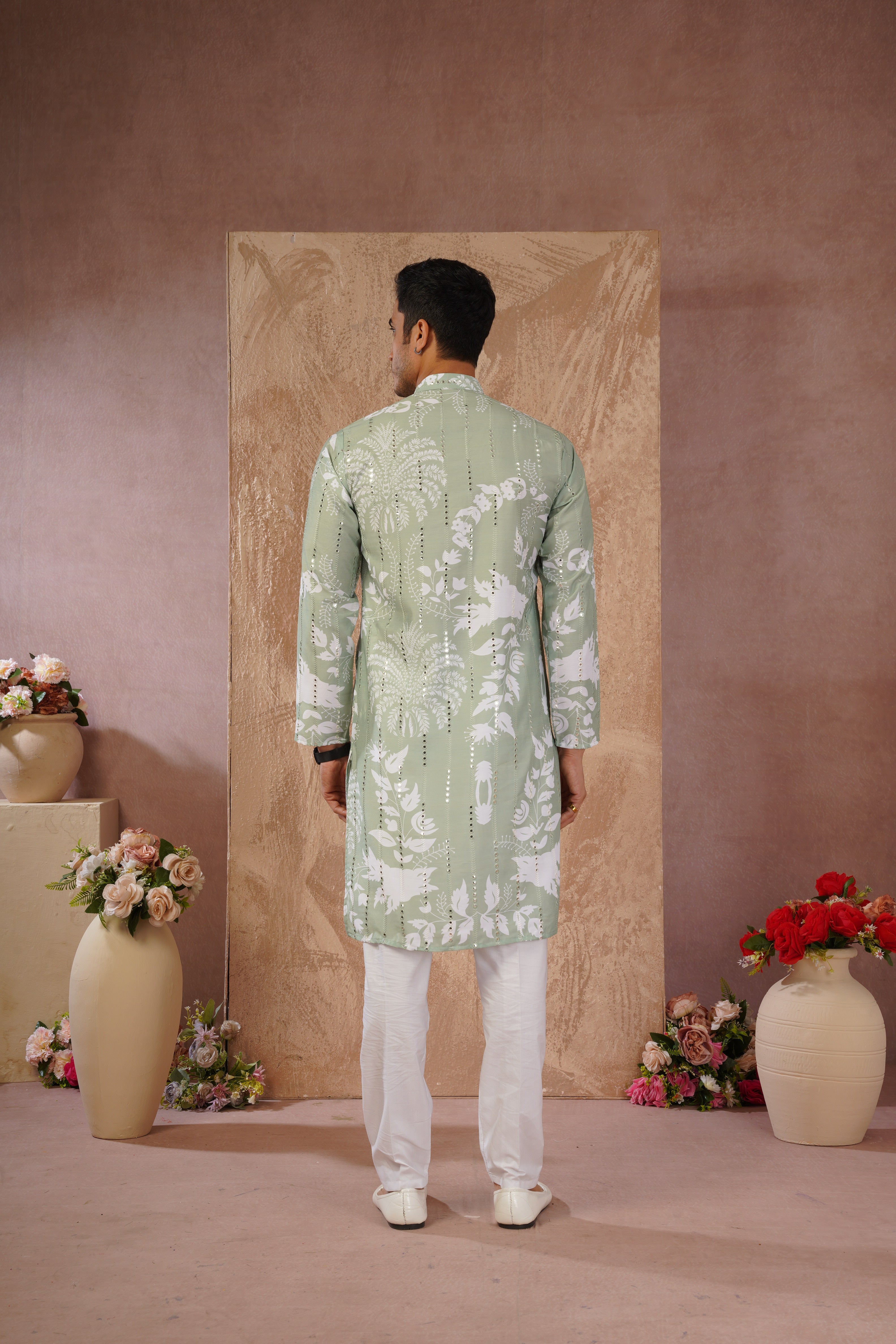 Green Luxe Mirror Work Printed Kurta Set for Men