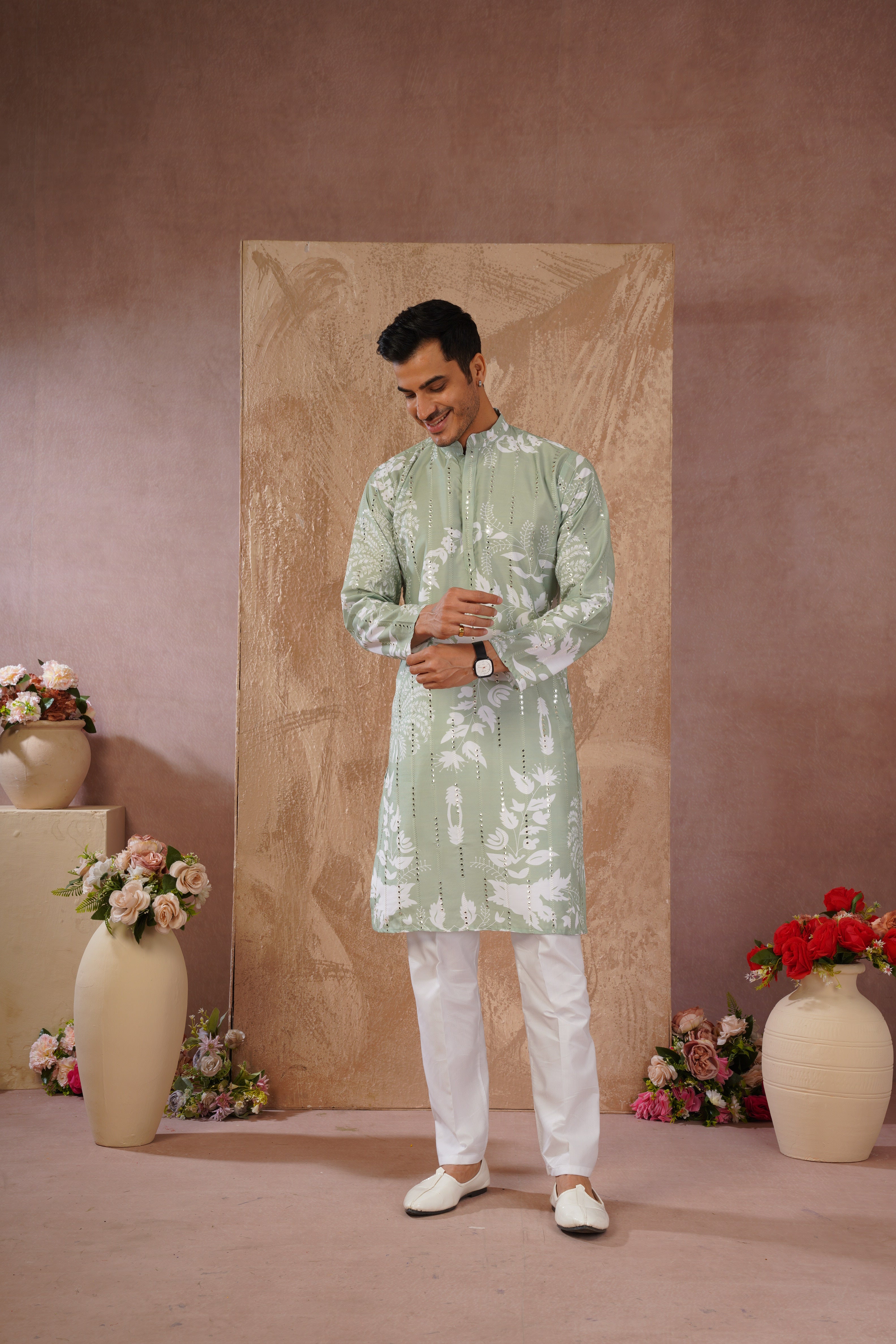 Green Luxe Mirror Work Printed Kurta Set for Men