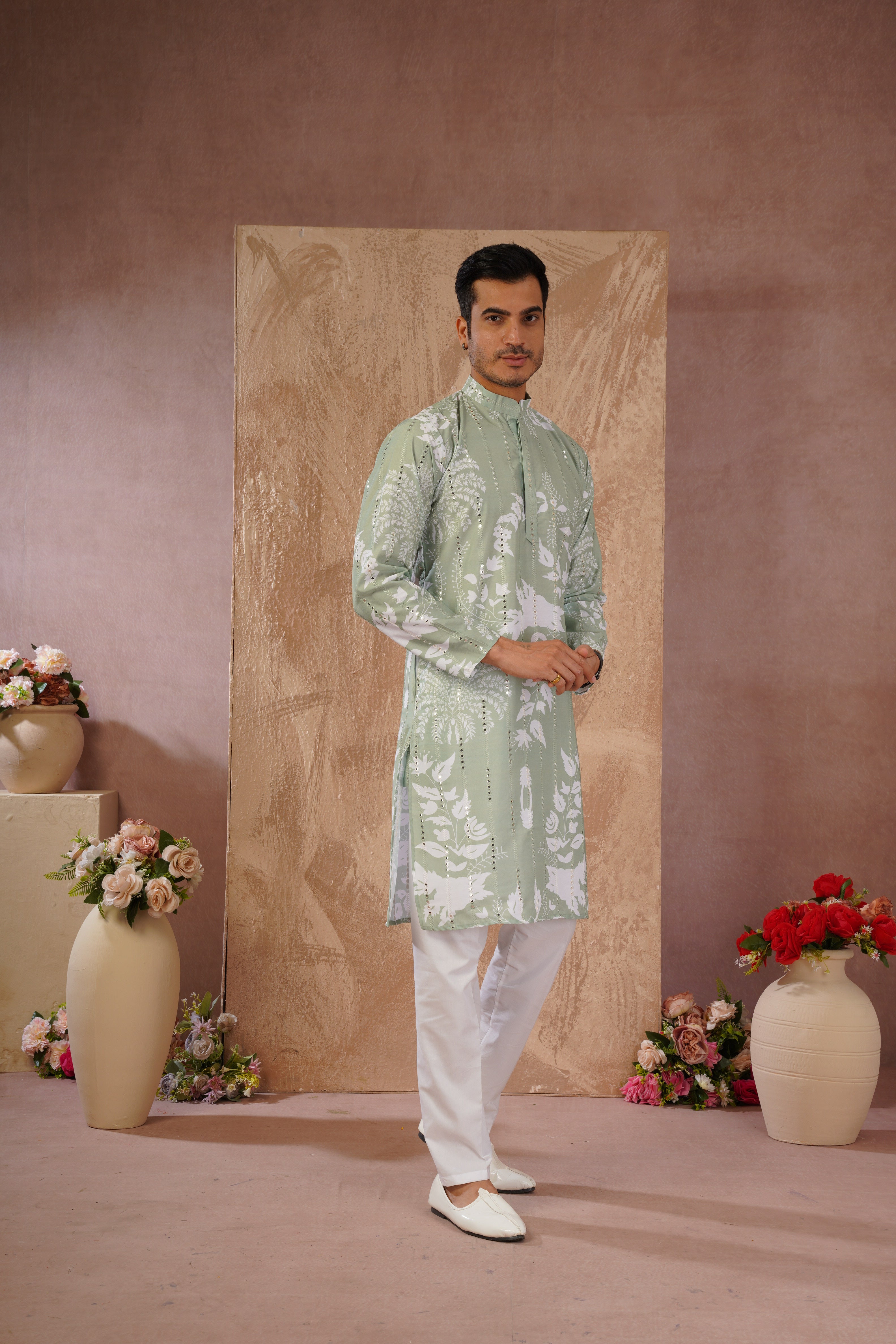Green Luxe Mirror Work Printed Kurta Set for Men