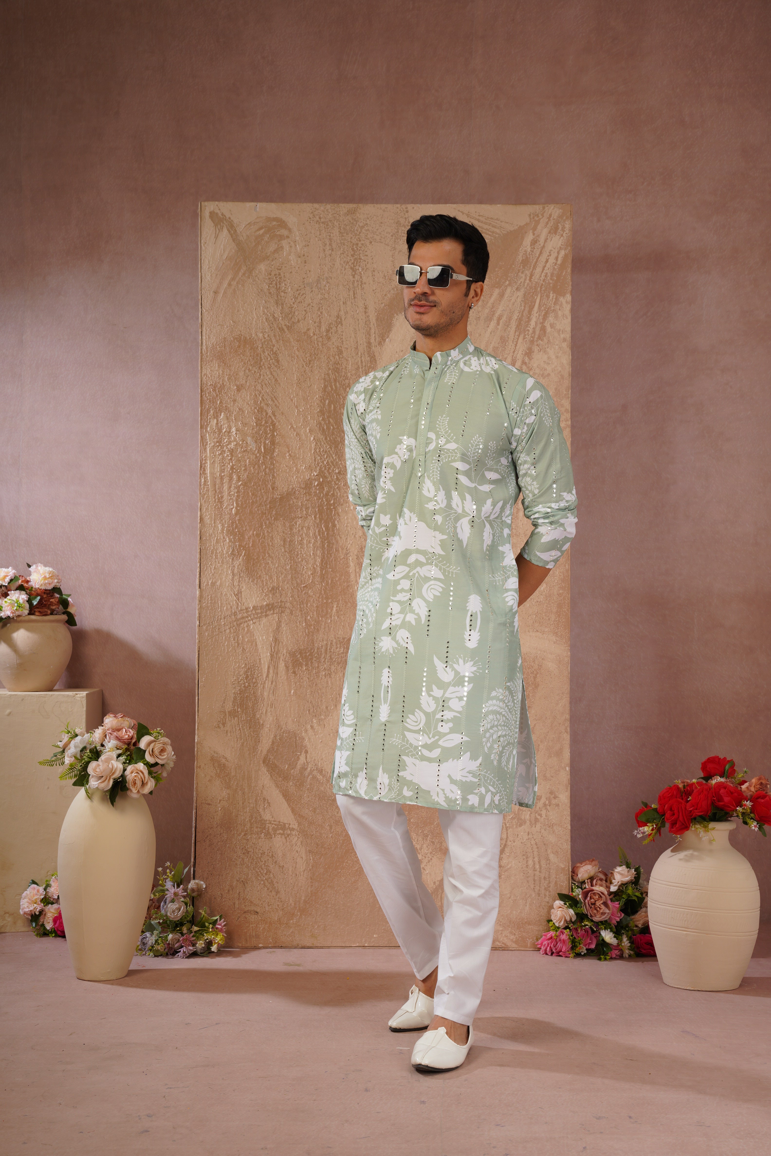 Green Luxe Mirror Work Printed Kurta Set for Men