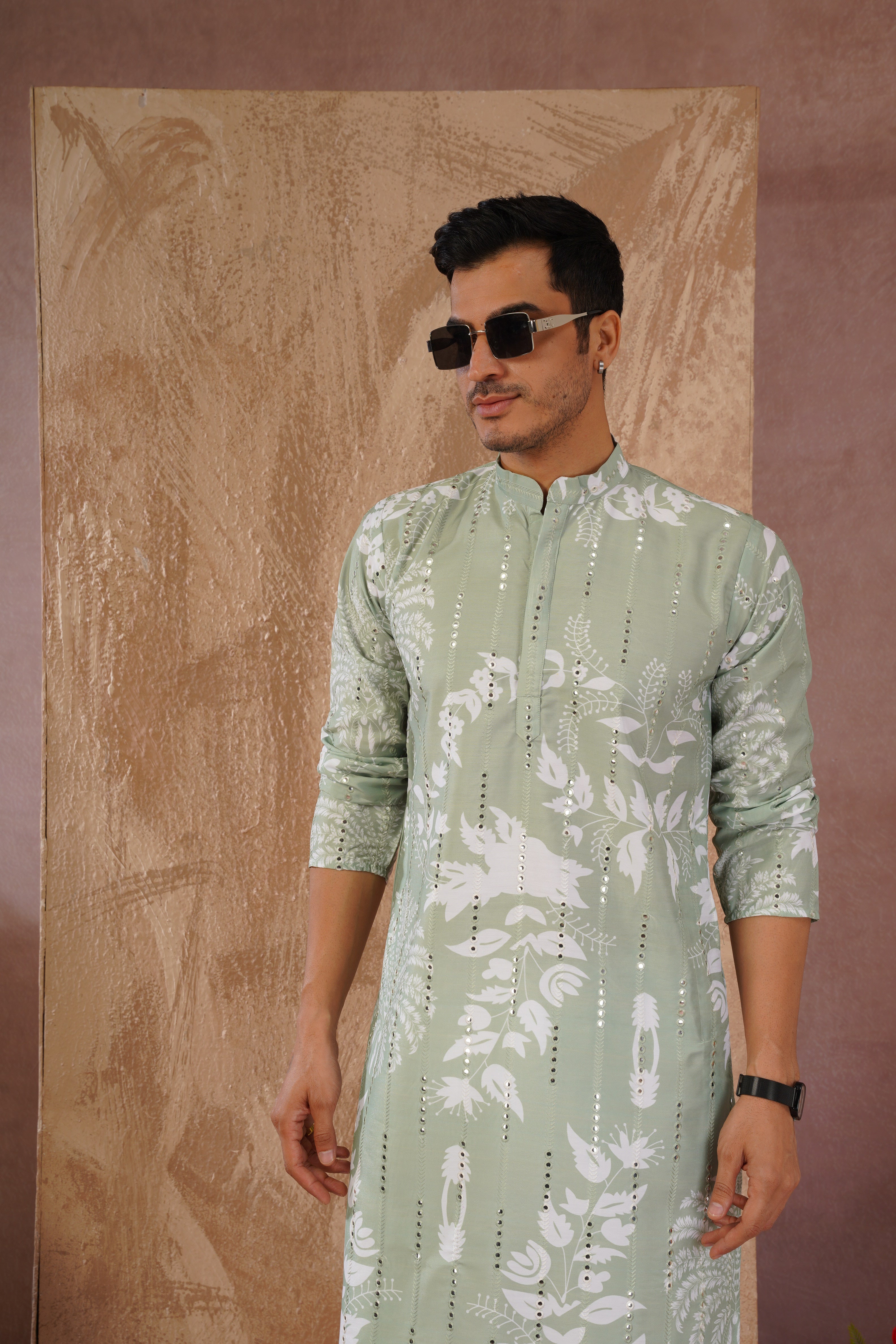 Green Luxe Mirror Work Printed Kurta Set for Men