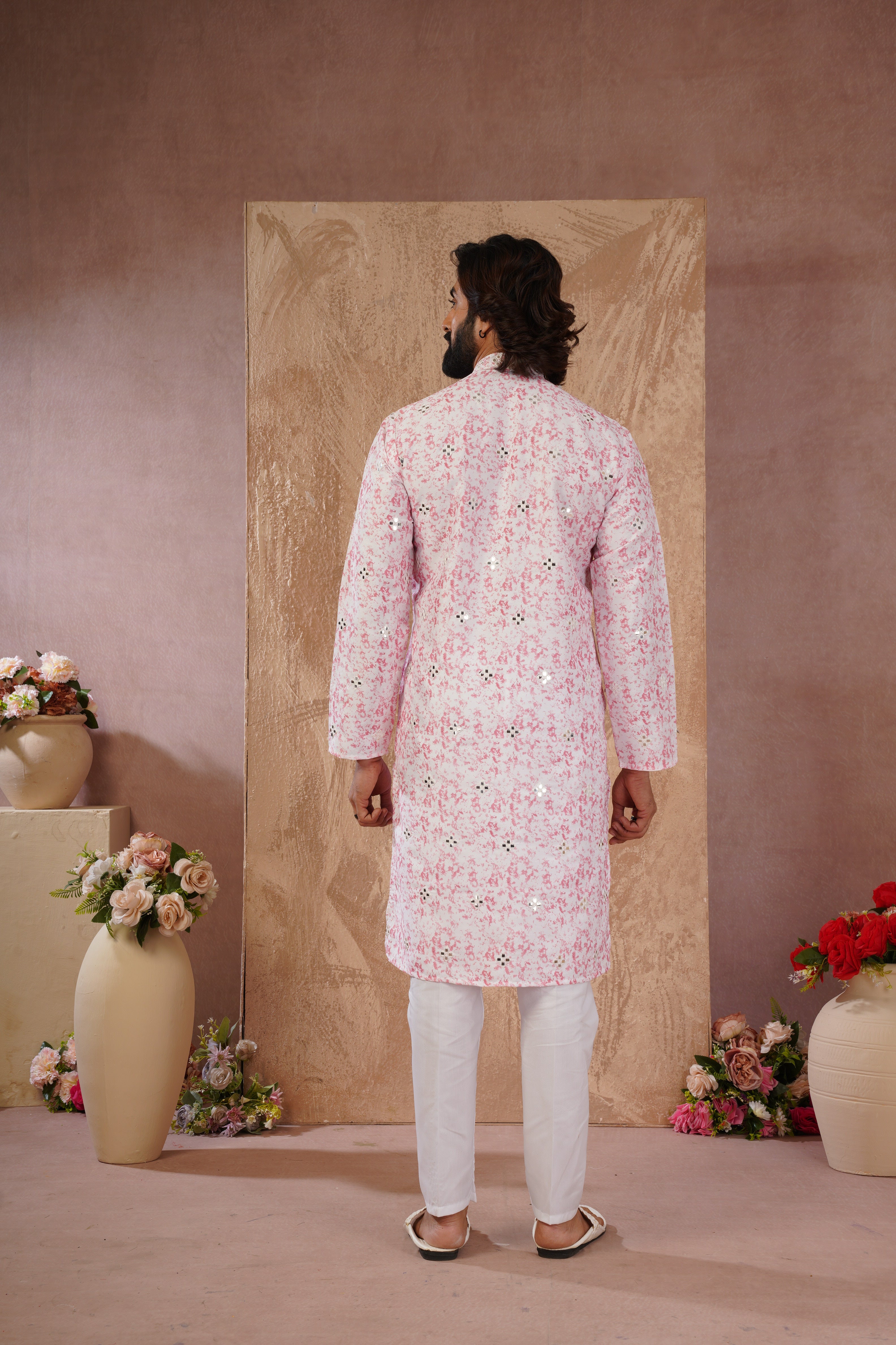 Pink Splash Print Mens Kurta with Mirror Highlights