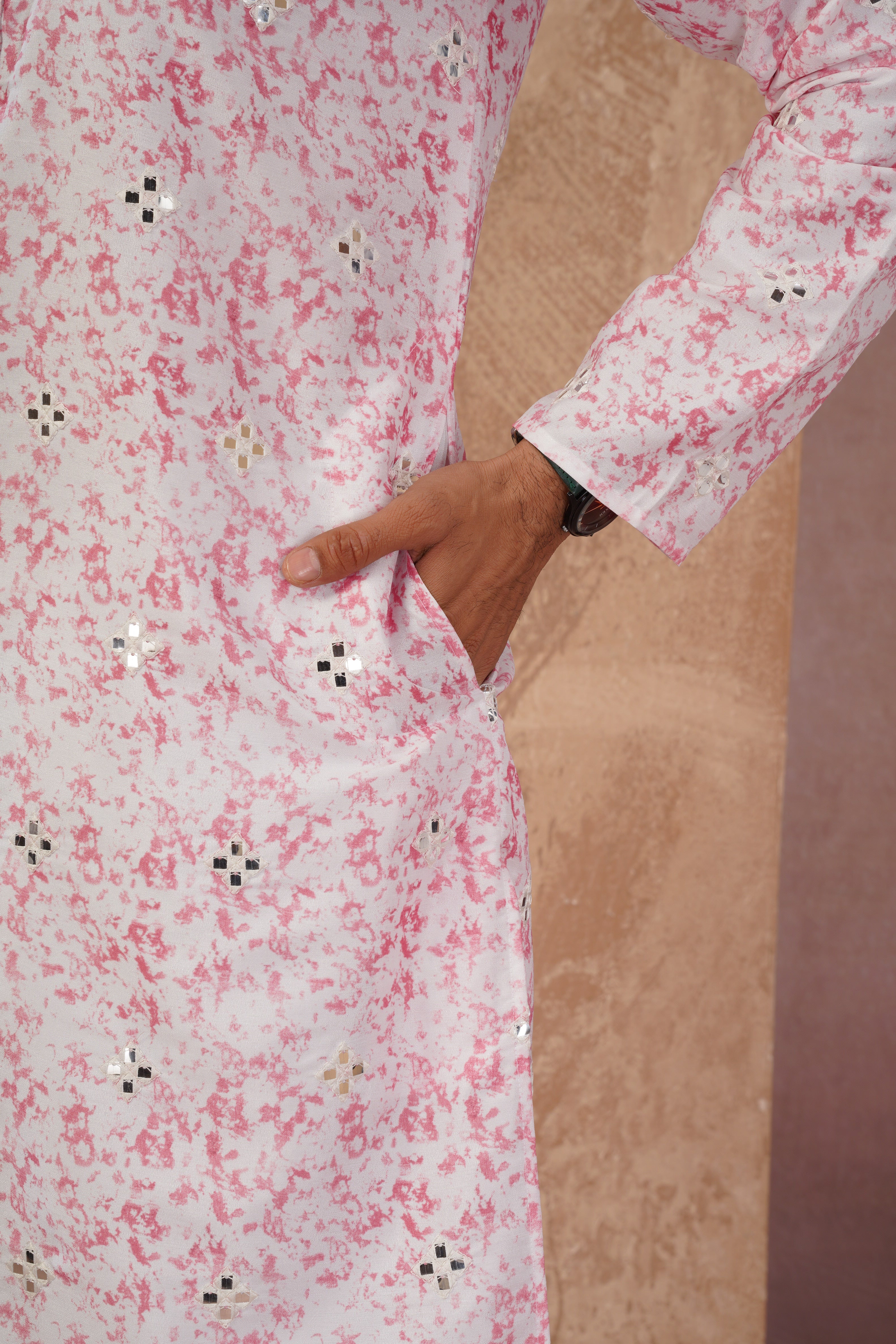 Pink Splash Print Mens Kurta with Mirror Highlights