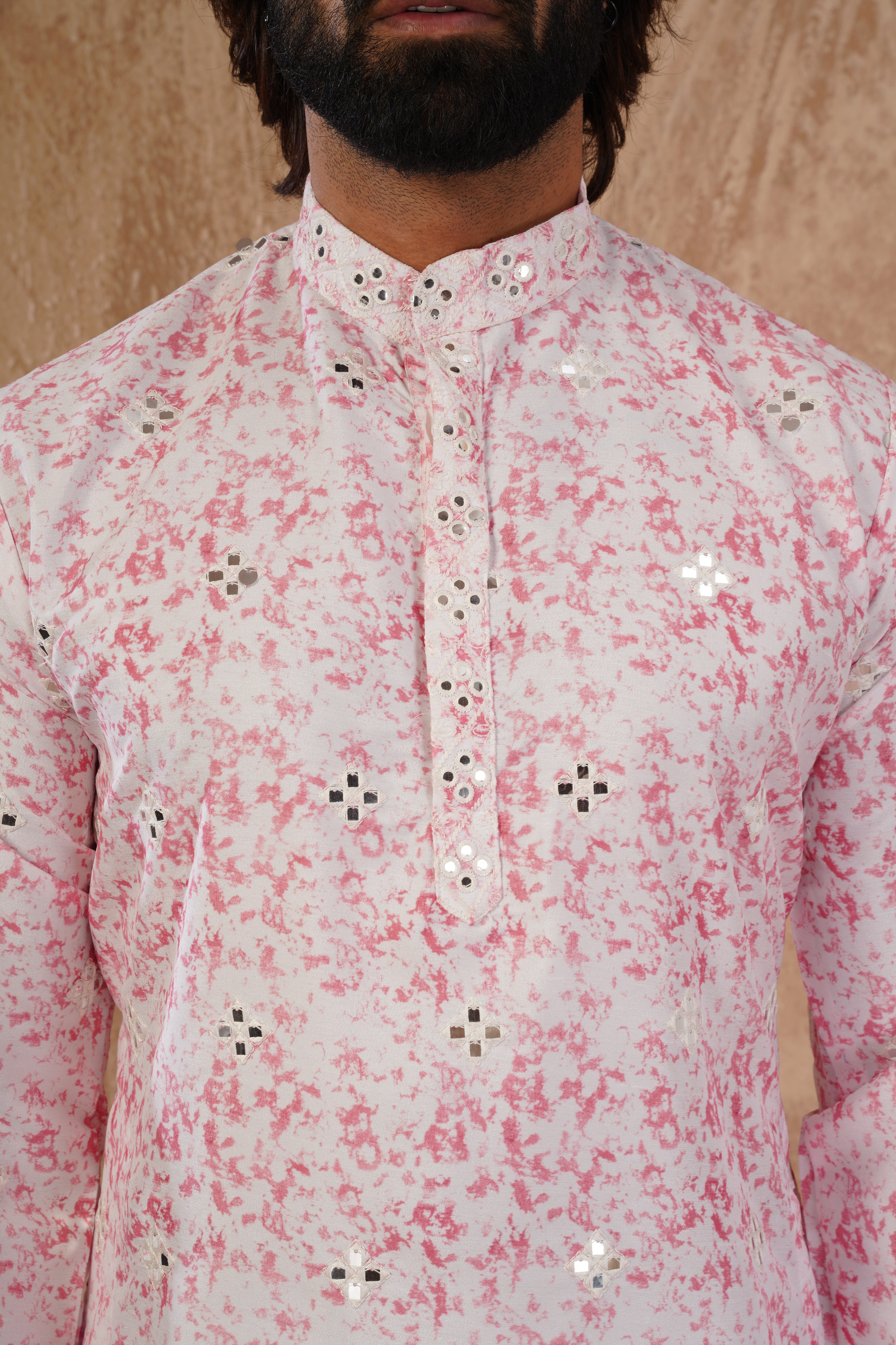 Pink Splash Print Mens Kurta with Mirror Highlights