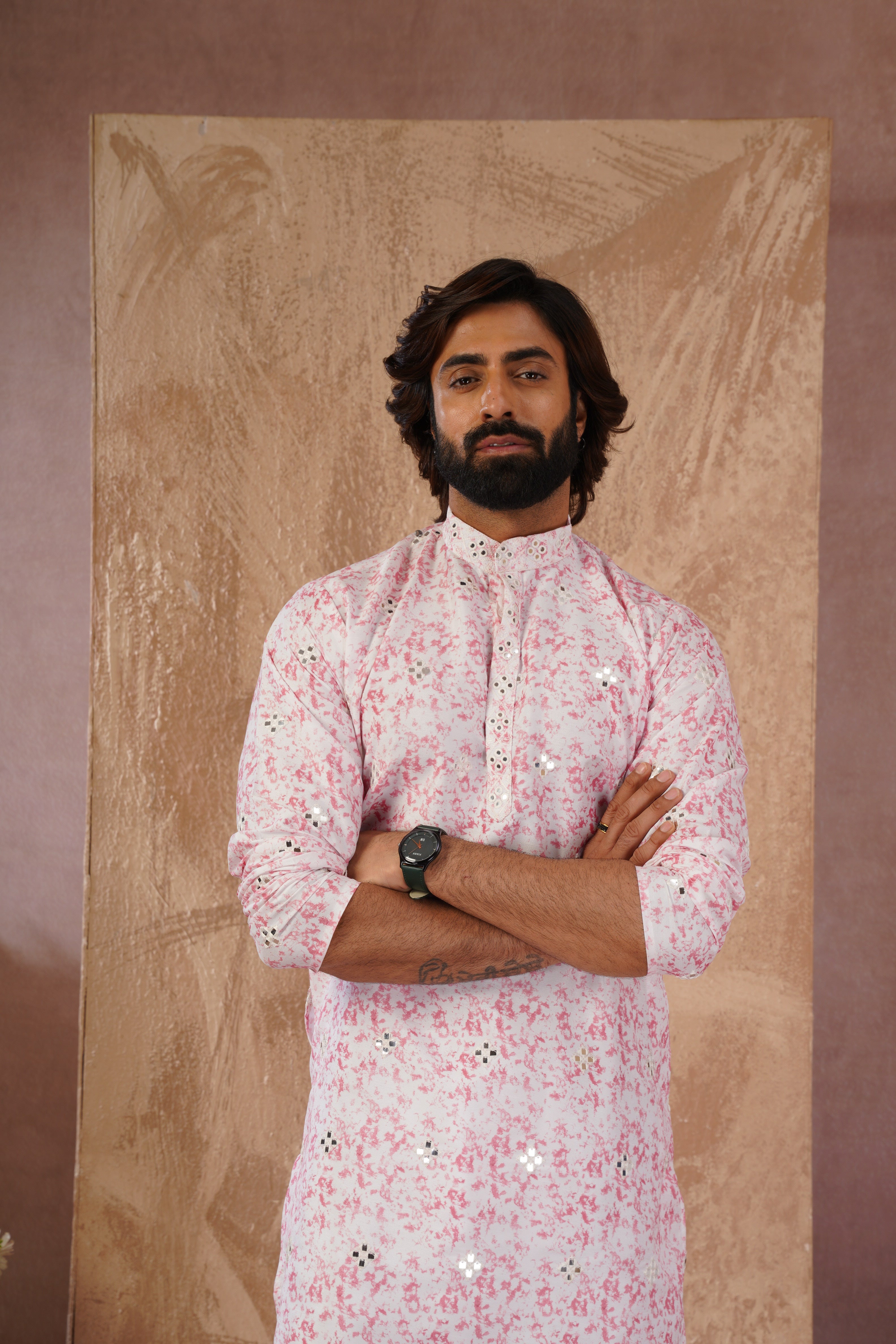Pink Splash Print Mens Kurta with Mirror Highlights