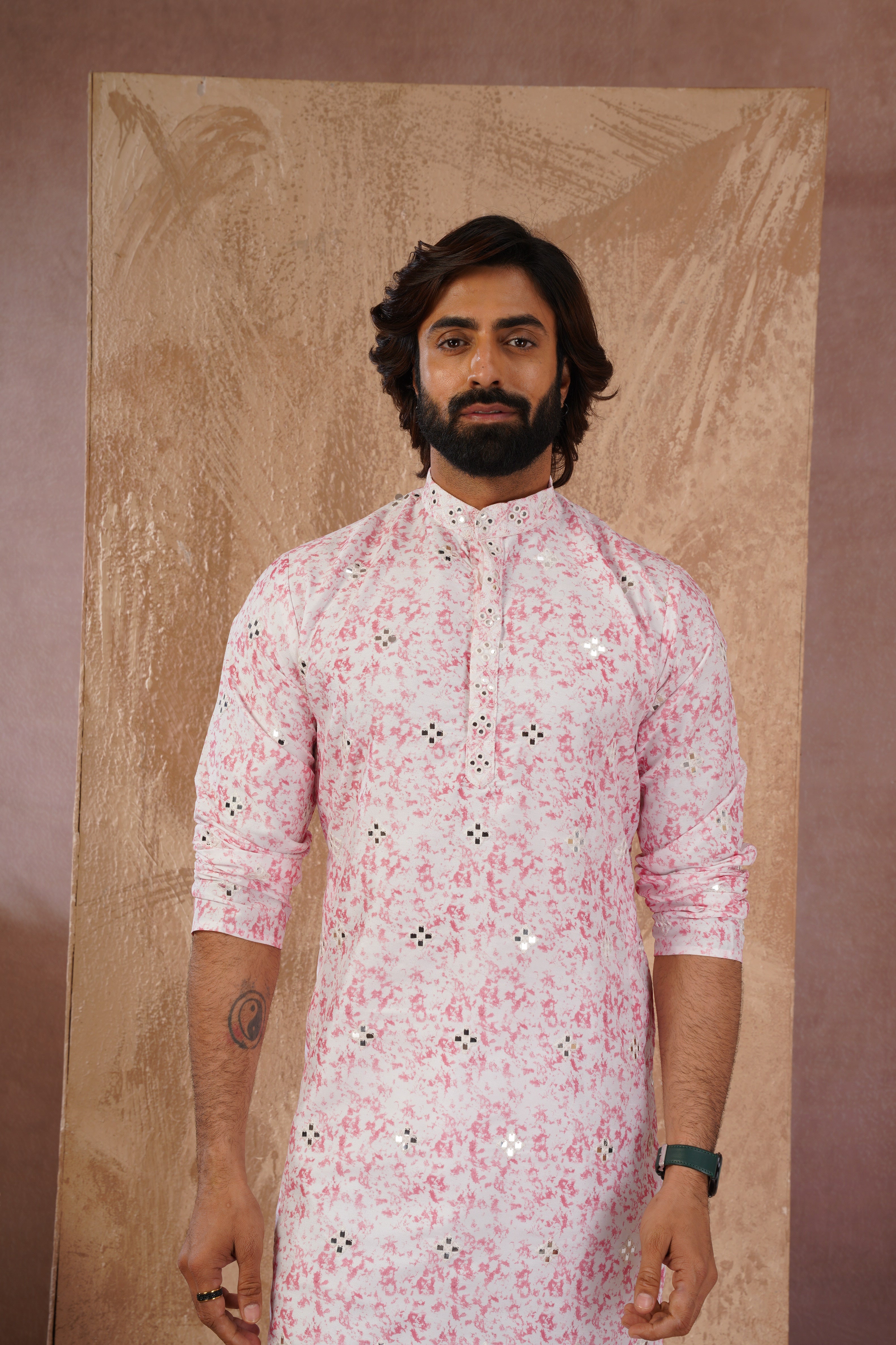 Pink Splash Print Mens Kurta with Mirror Highlights