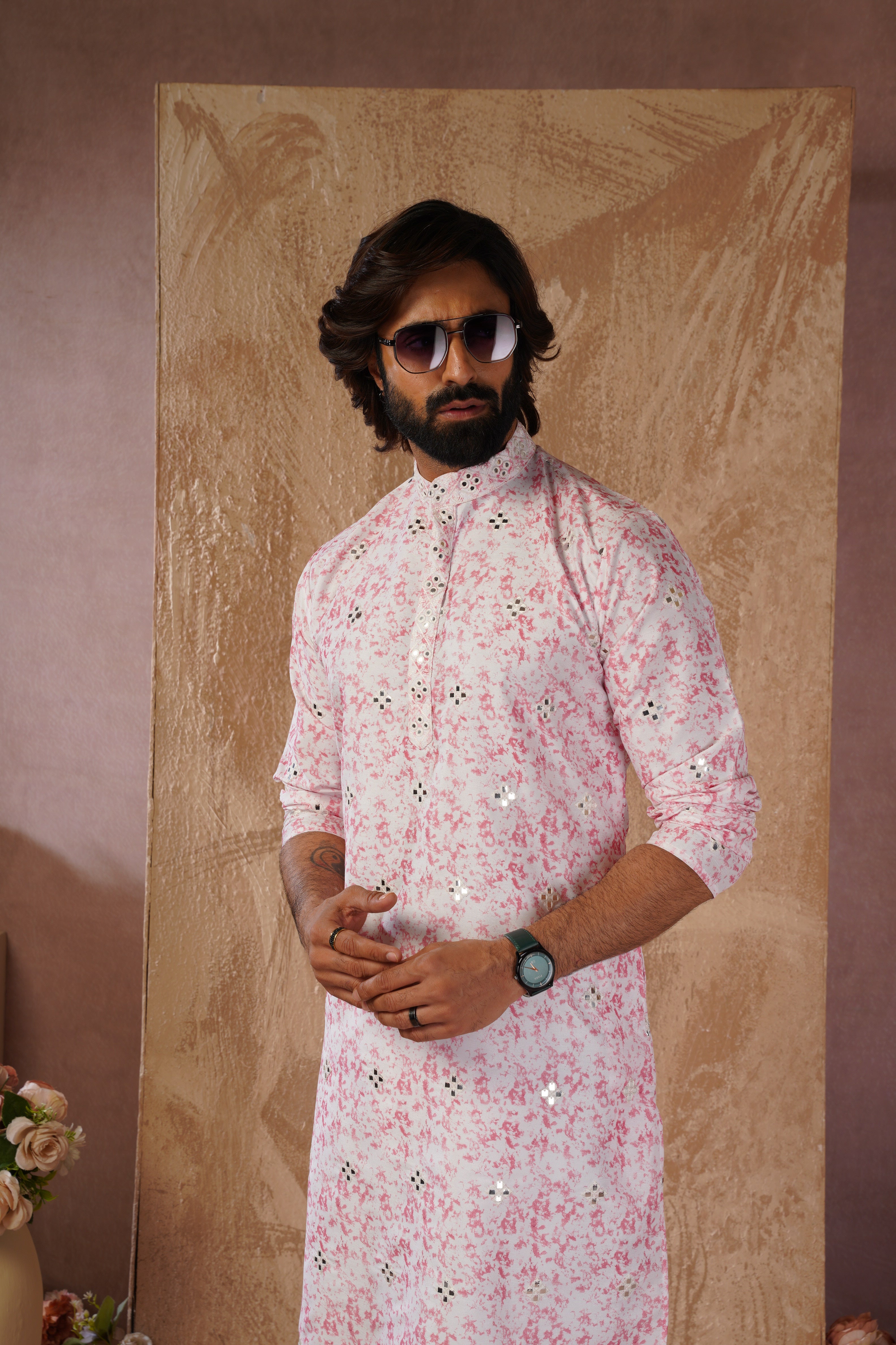 Pink Splash Print Mens Kurta with Mirror Highlights