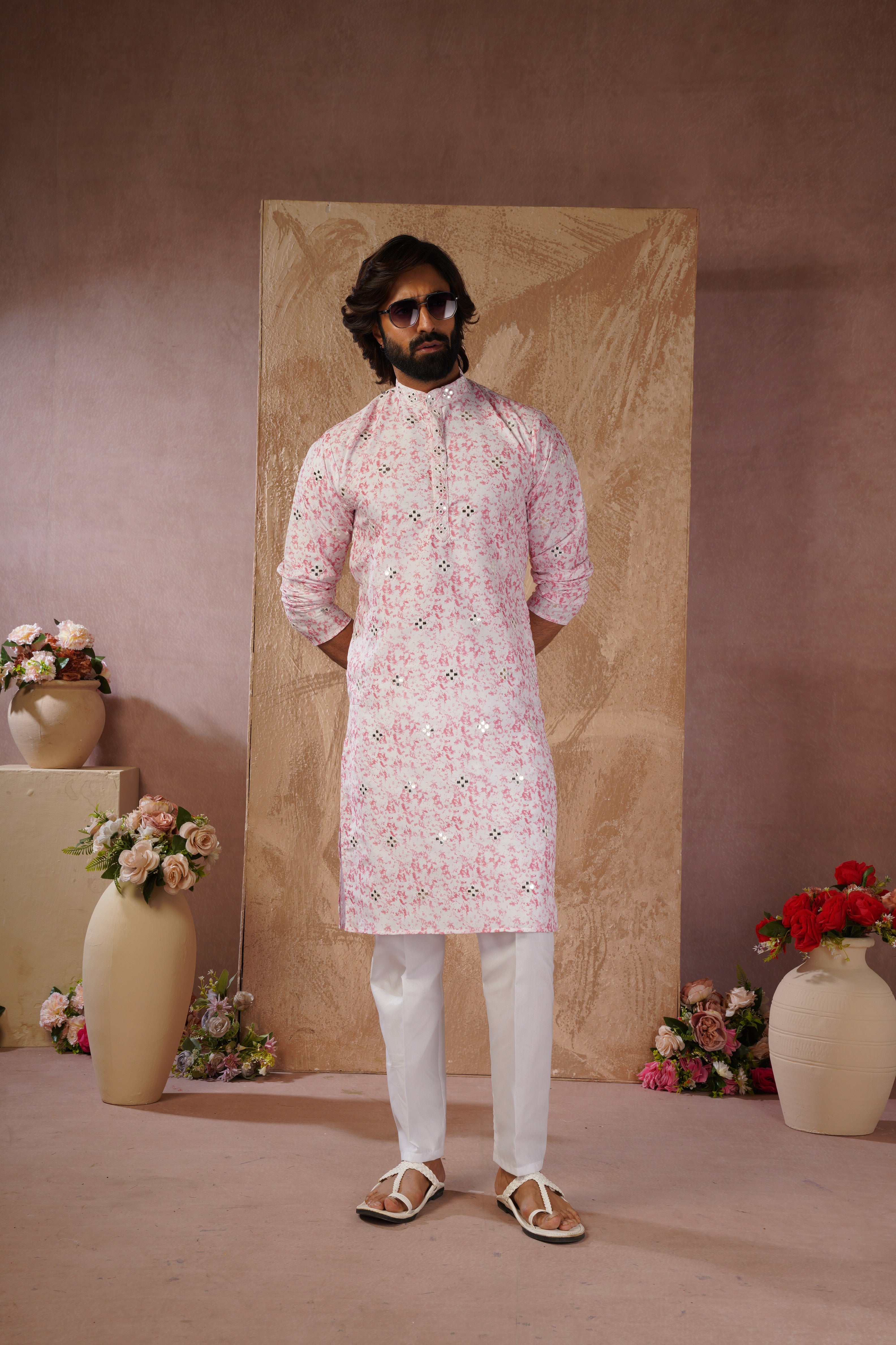 Pink Splash Print Mens Kurta with Mirror Highlights