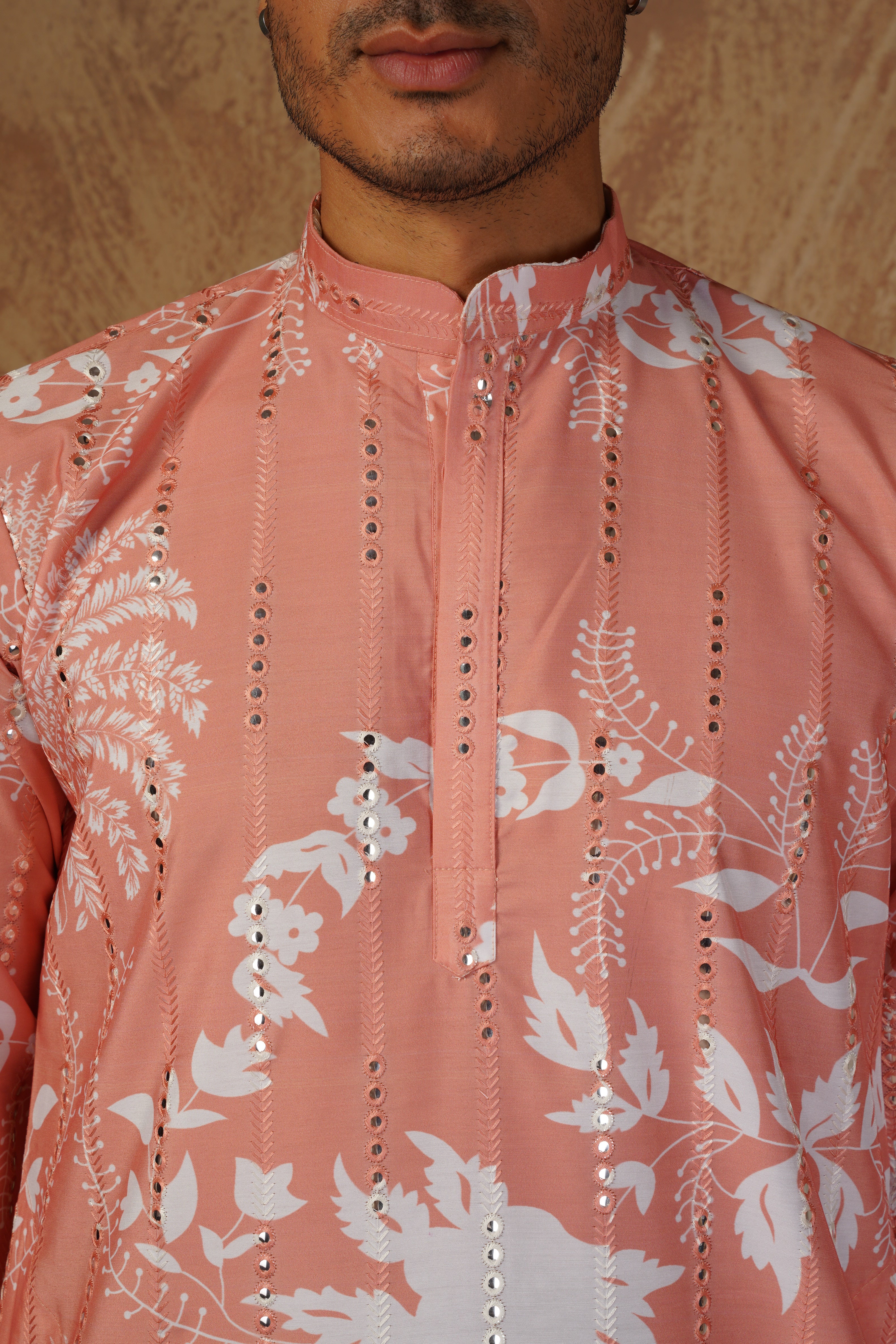 Orange Luxe Mirror Work Printed Kurta Set for Men