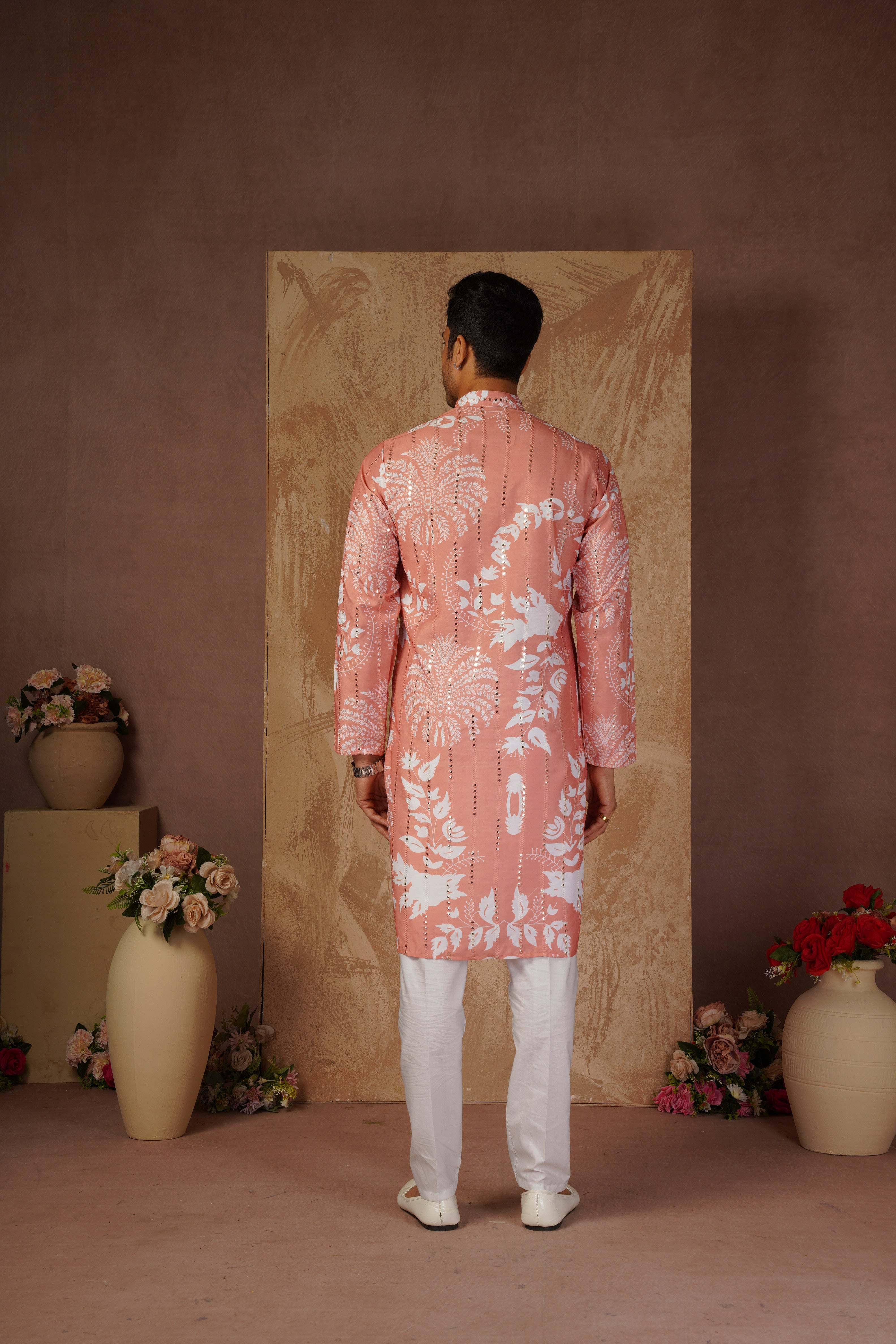 Orange Luxe Mirror Work Printed Kurta Set for Men