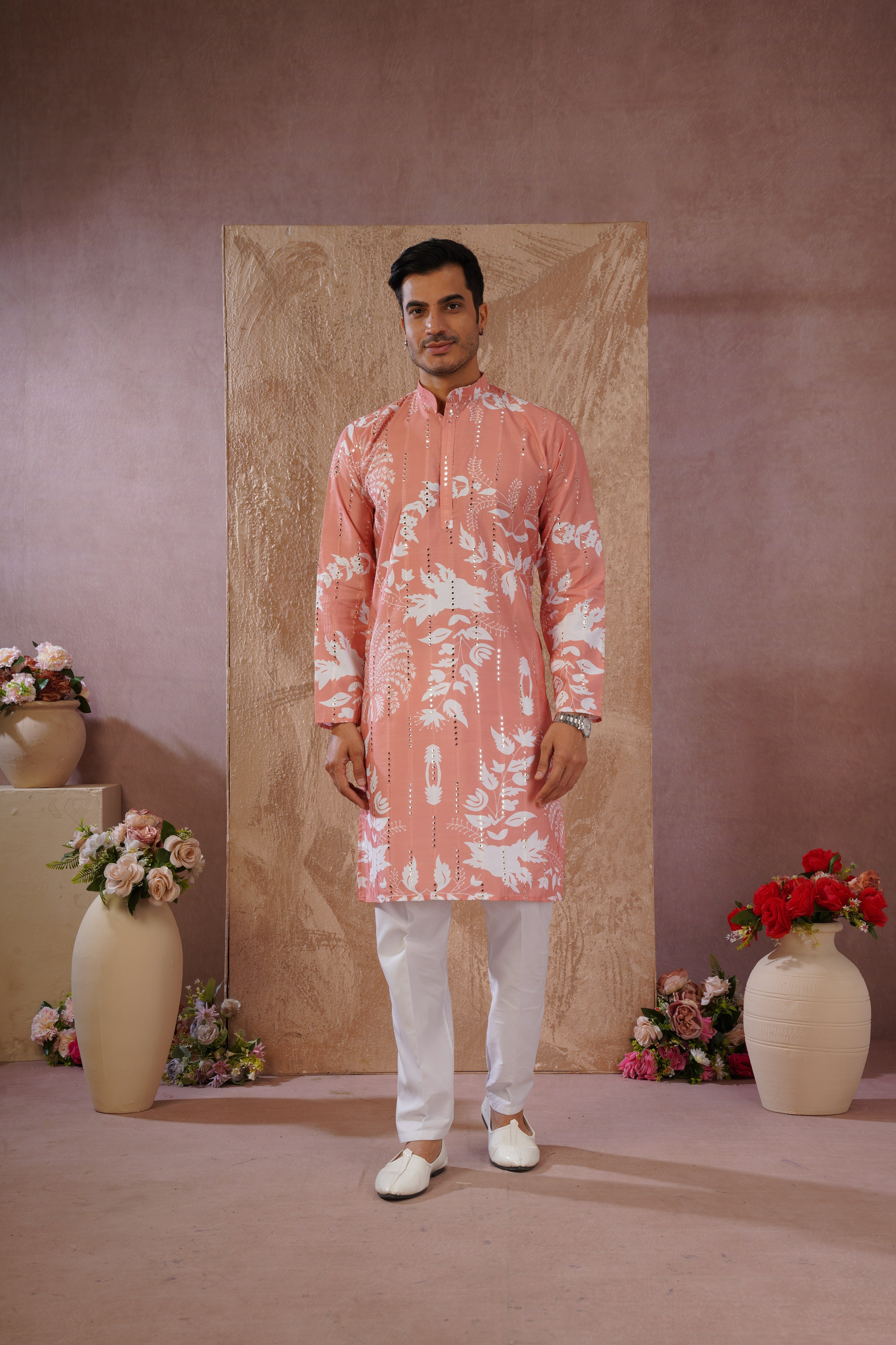 Orange Luxe Mirror Work Printed Kurta Set for Men