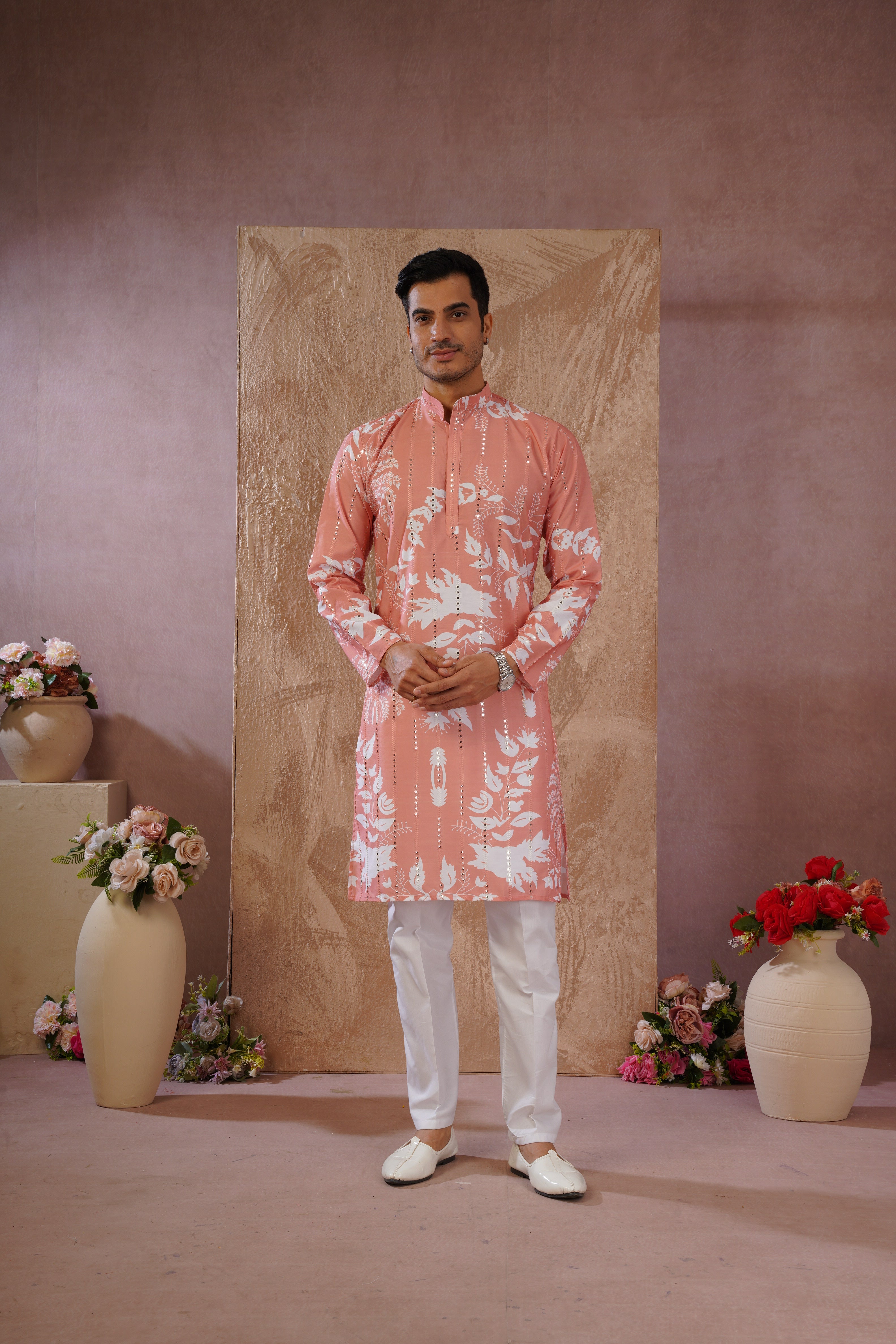 Orange Luxe Mirror Work Printed Kurta Set for Men