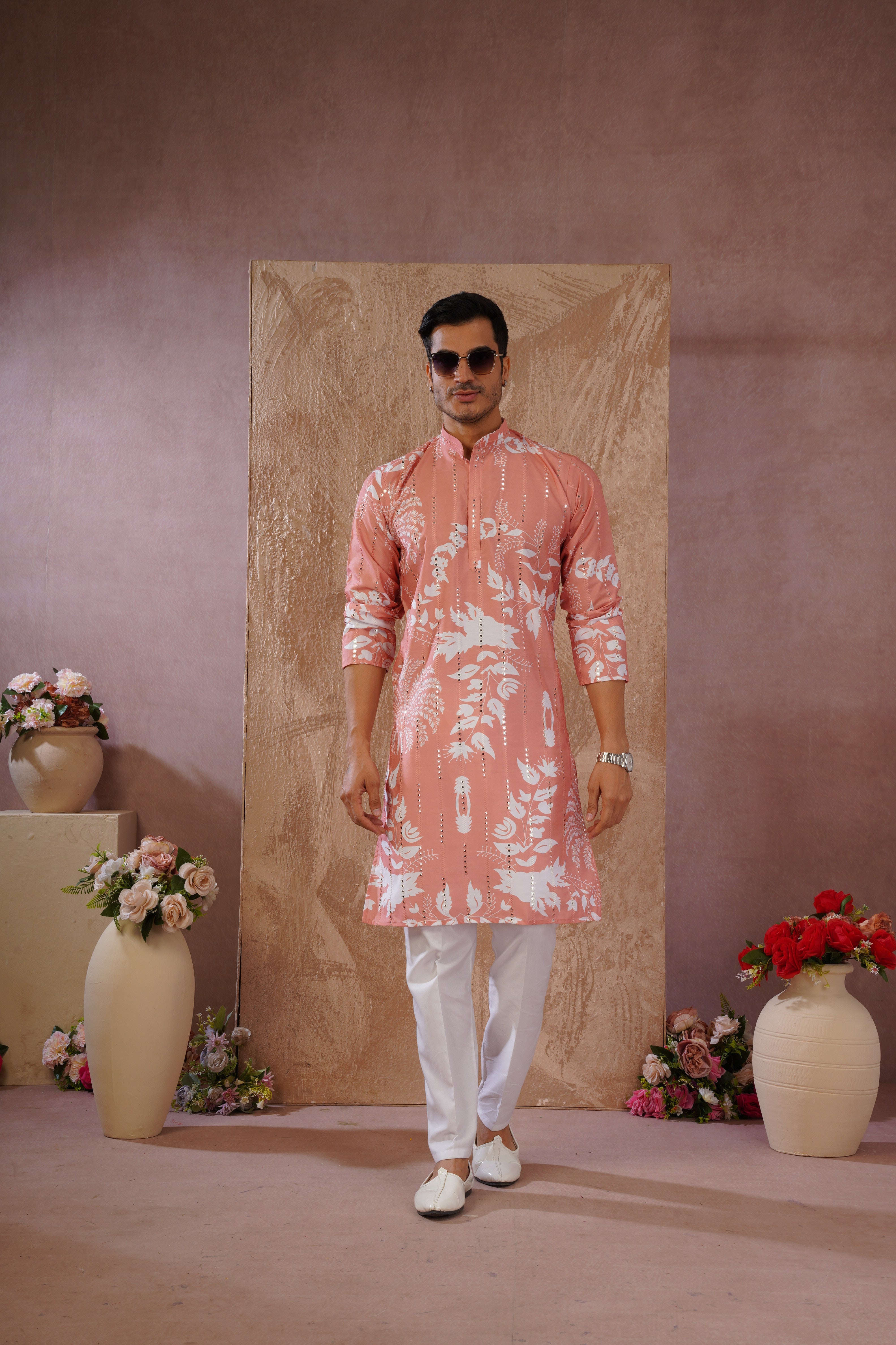 Orange Luxe Mirror Work Printed Kurta Set for Men