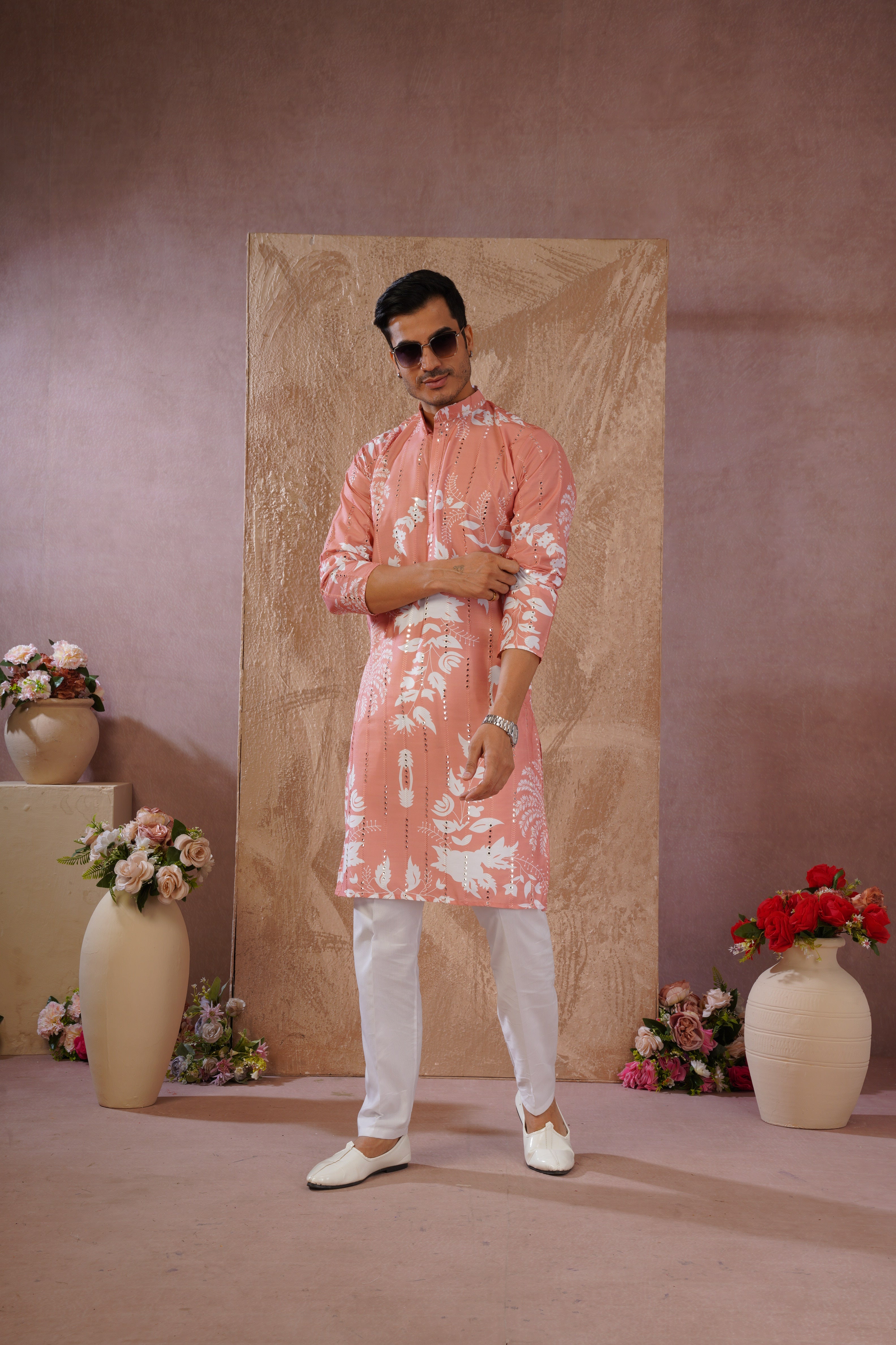 Orange Luxe Mirror Work Printed Kurta Set for Men