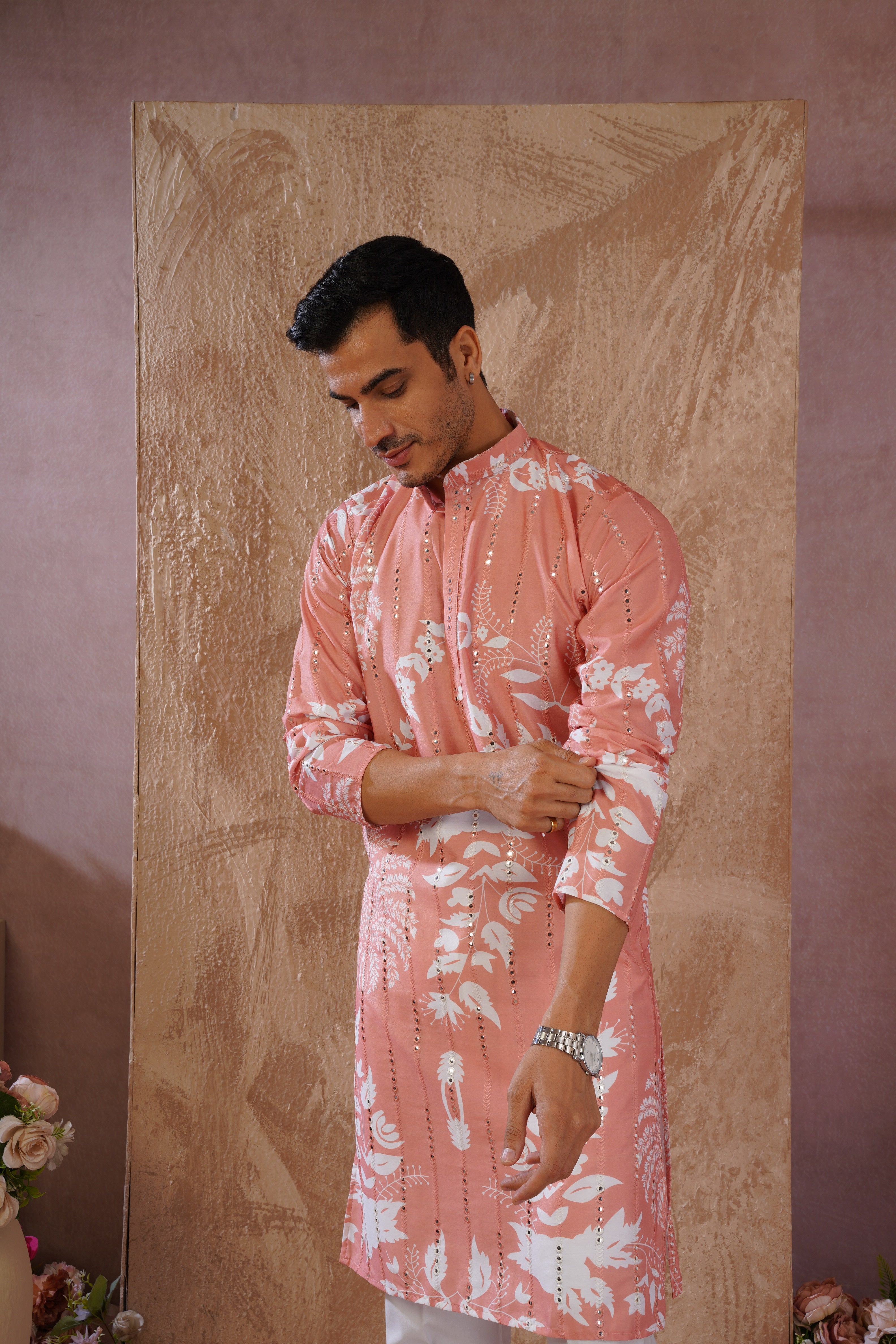 Orange Luxe Mirror Work Printed Kurta Set for Men