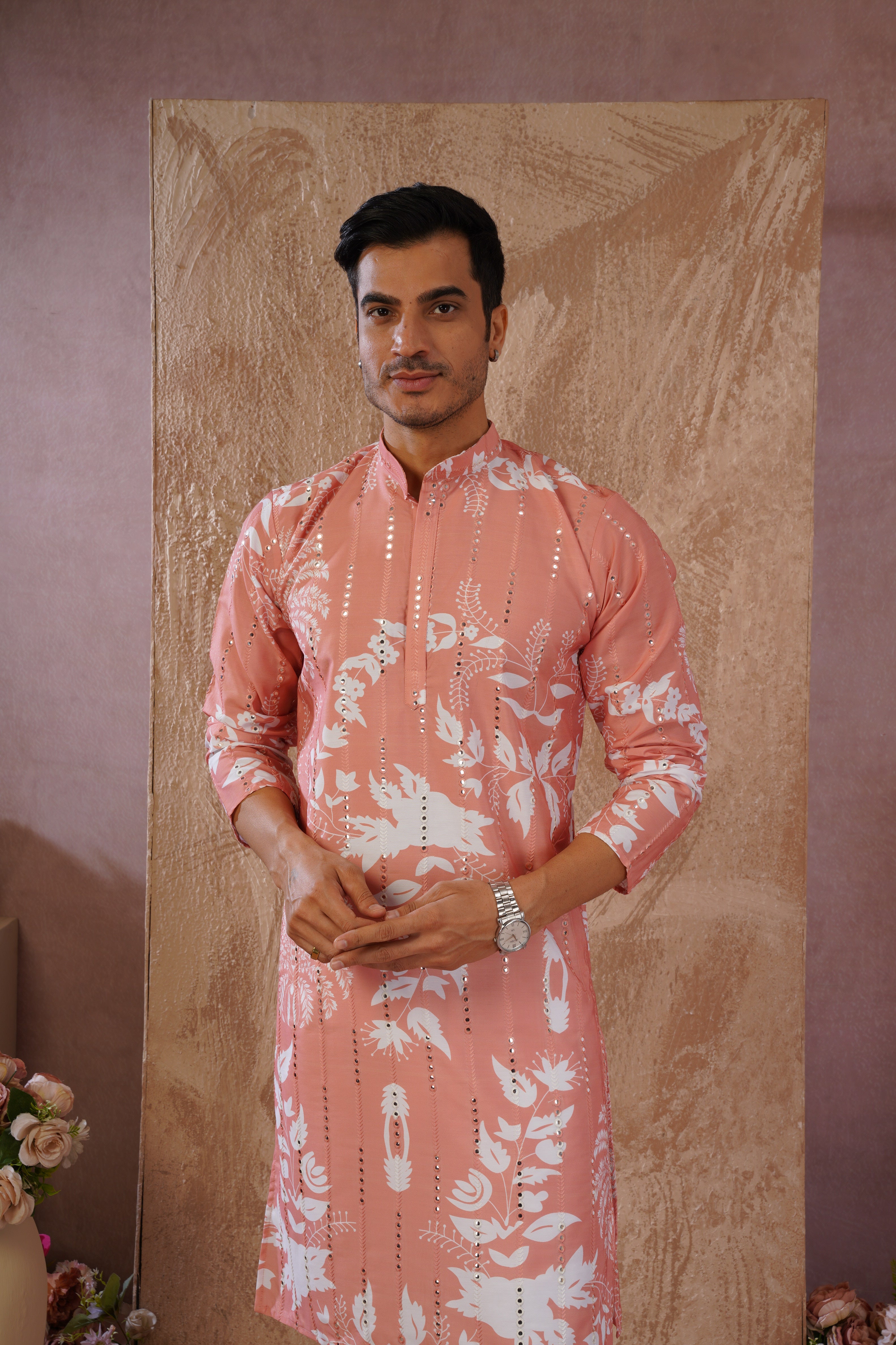 Orange Luxe Mirror Work Printed Kurta Set for Men