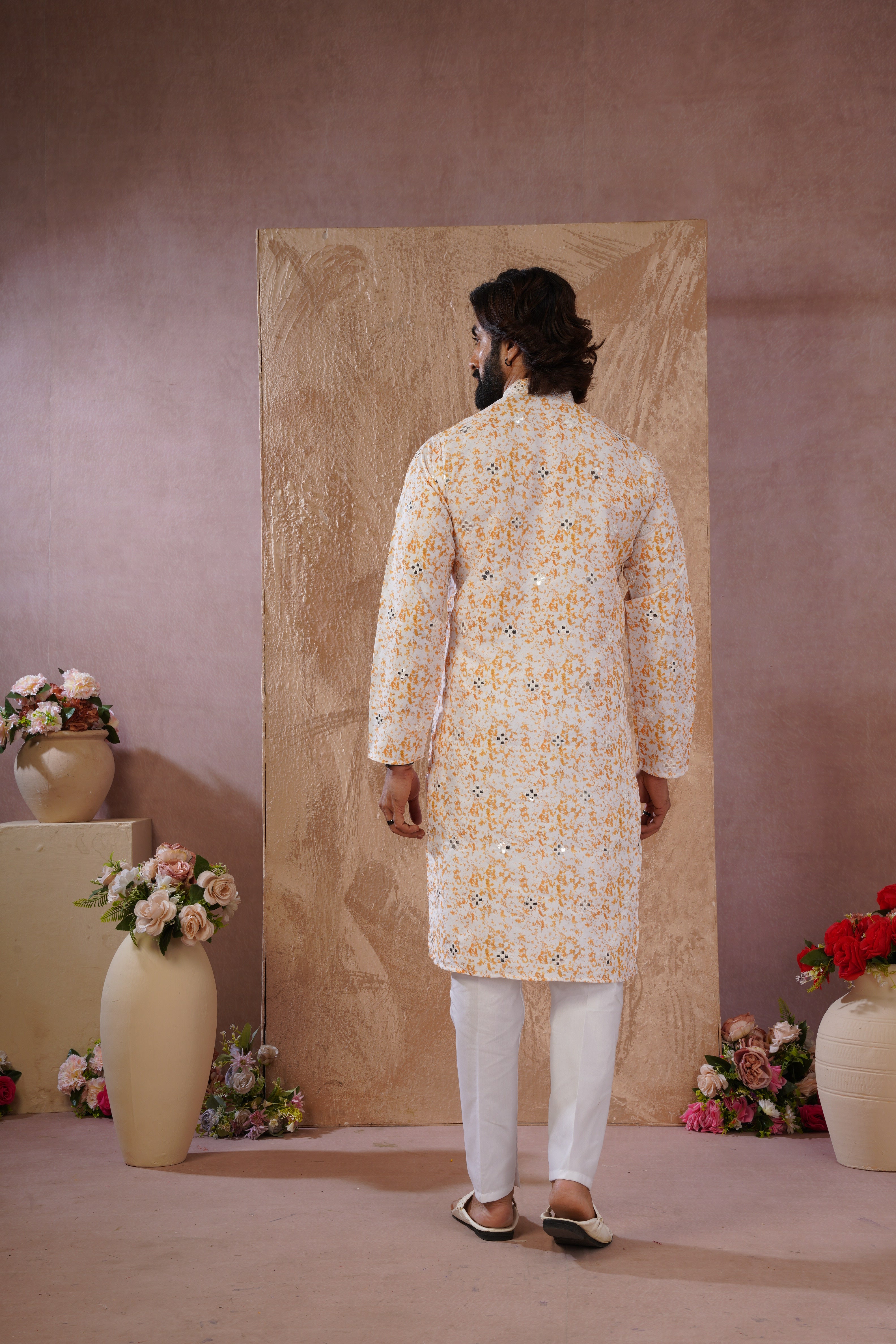 Yellow Splash Print Mens Kurta with Mirror Highlights