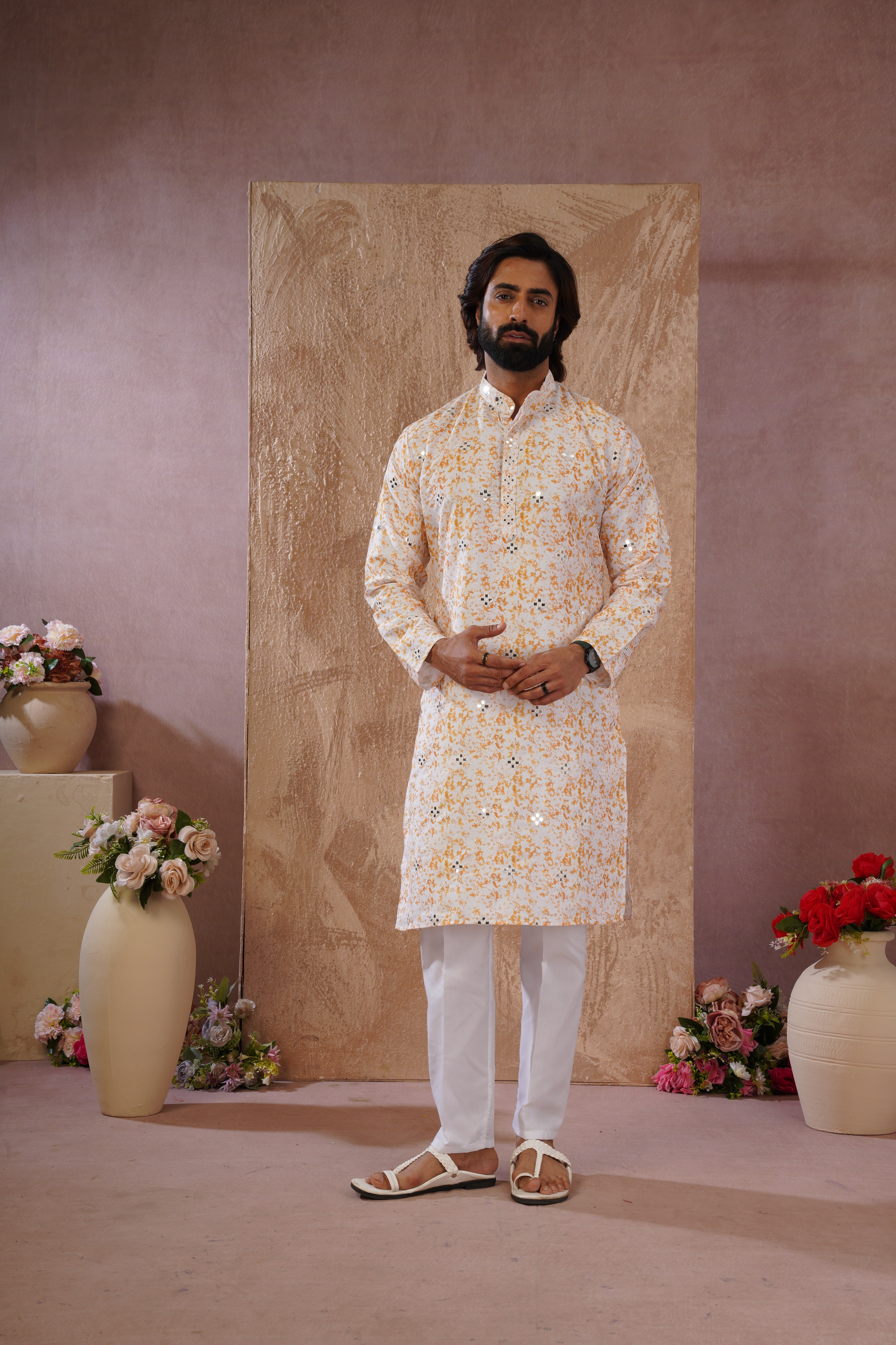 Yellow Splash Print Mens Kurta with Mirror Highlights