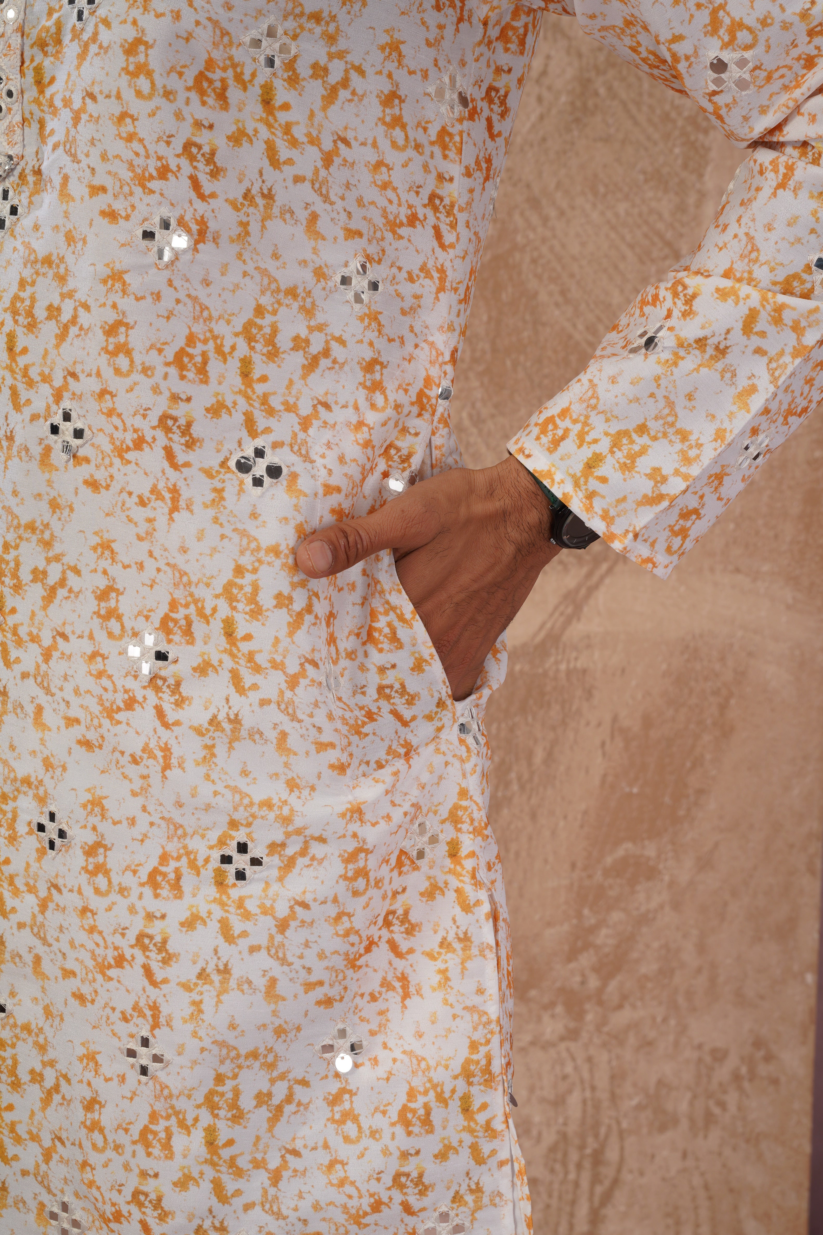 Yellow Splash Print Mens Kurta with Mirror Highlights