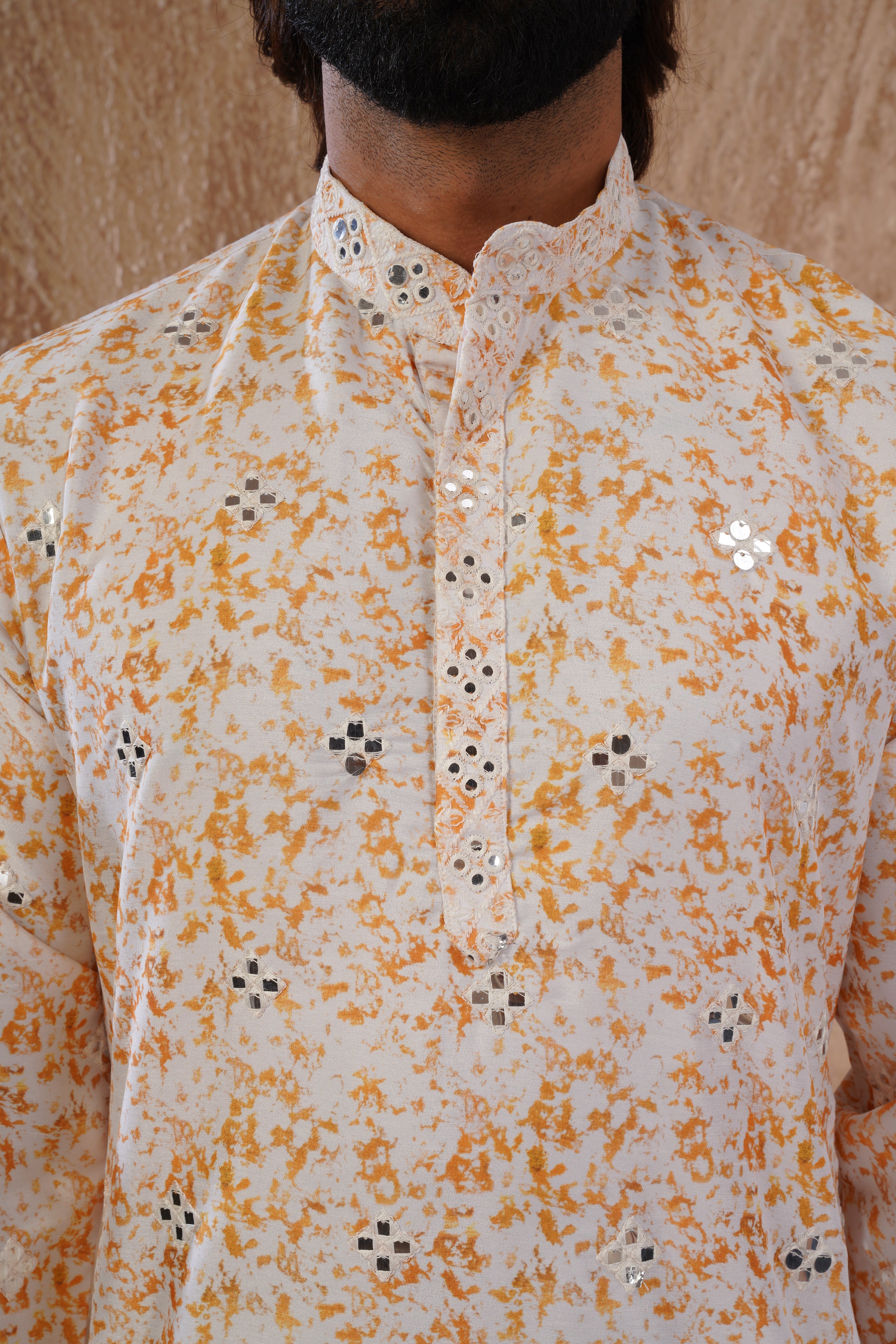 Yellow Splash Print Mens Kurta with Mirror Highlights