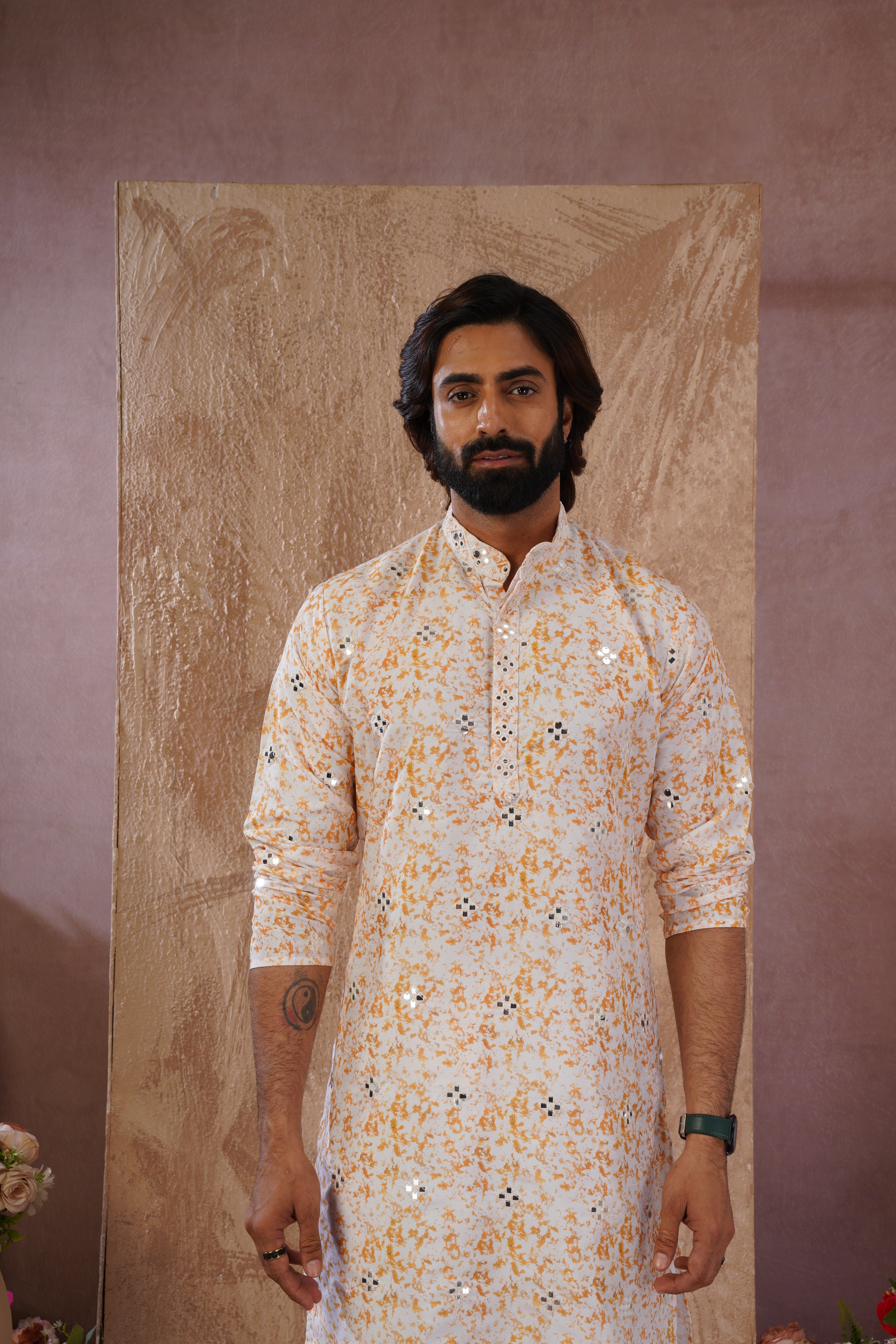 Yellow Splash Print Mens Kurta with Mirror Highlights
