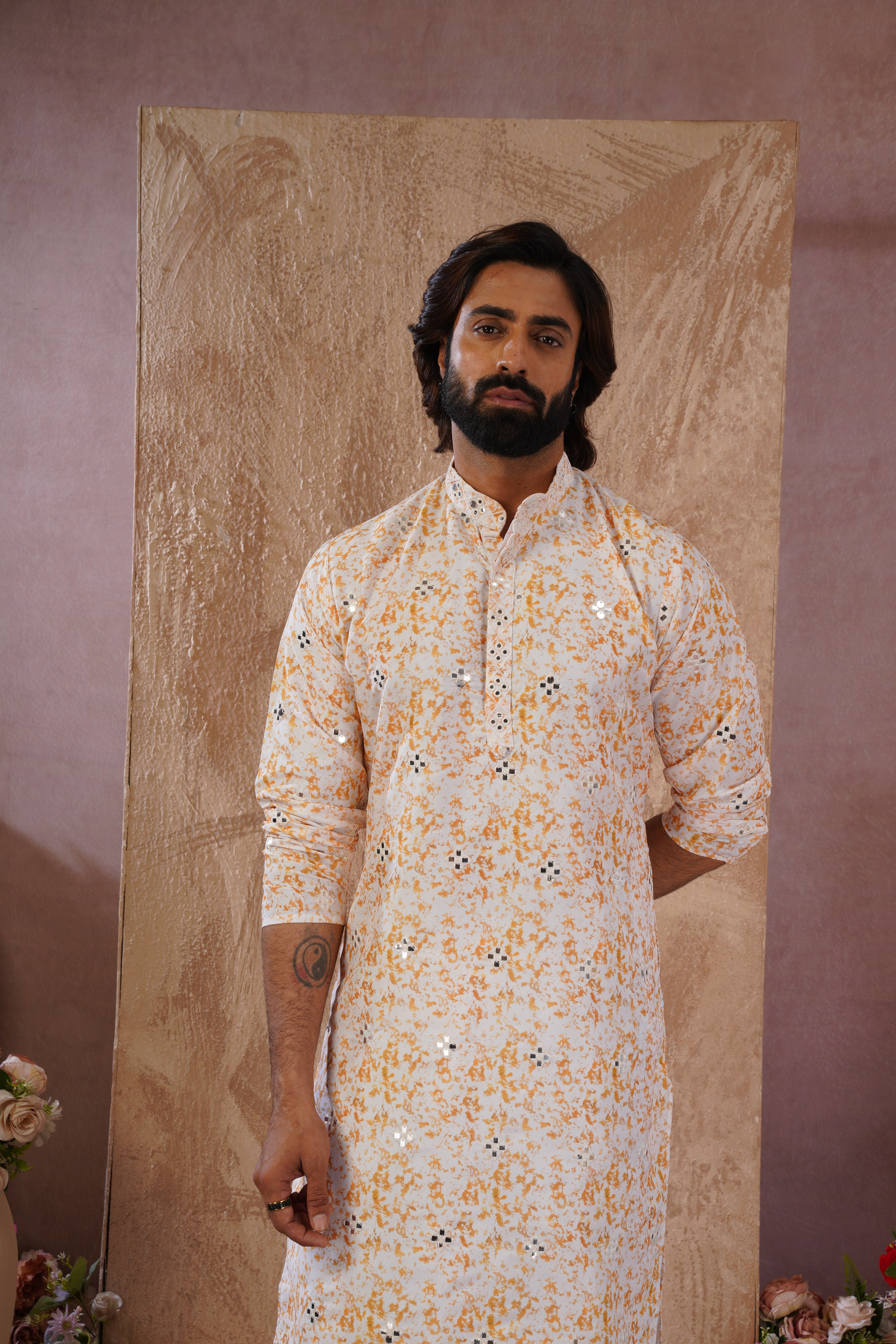 Yellow Splash Print Mens Kurta with Mirror Highlights