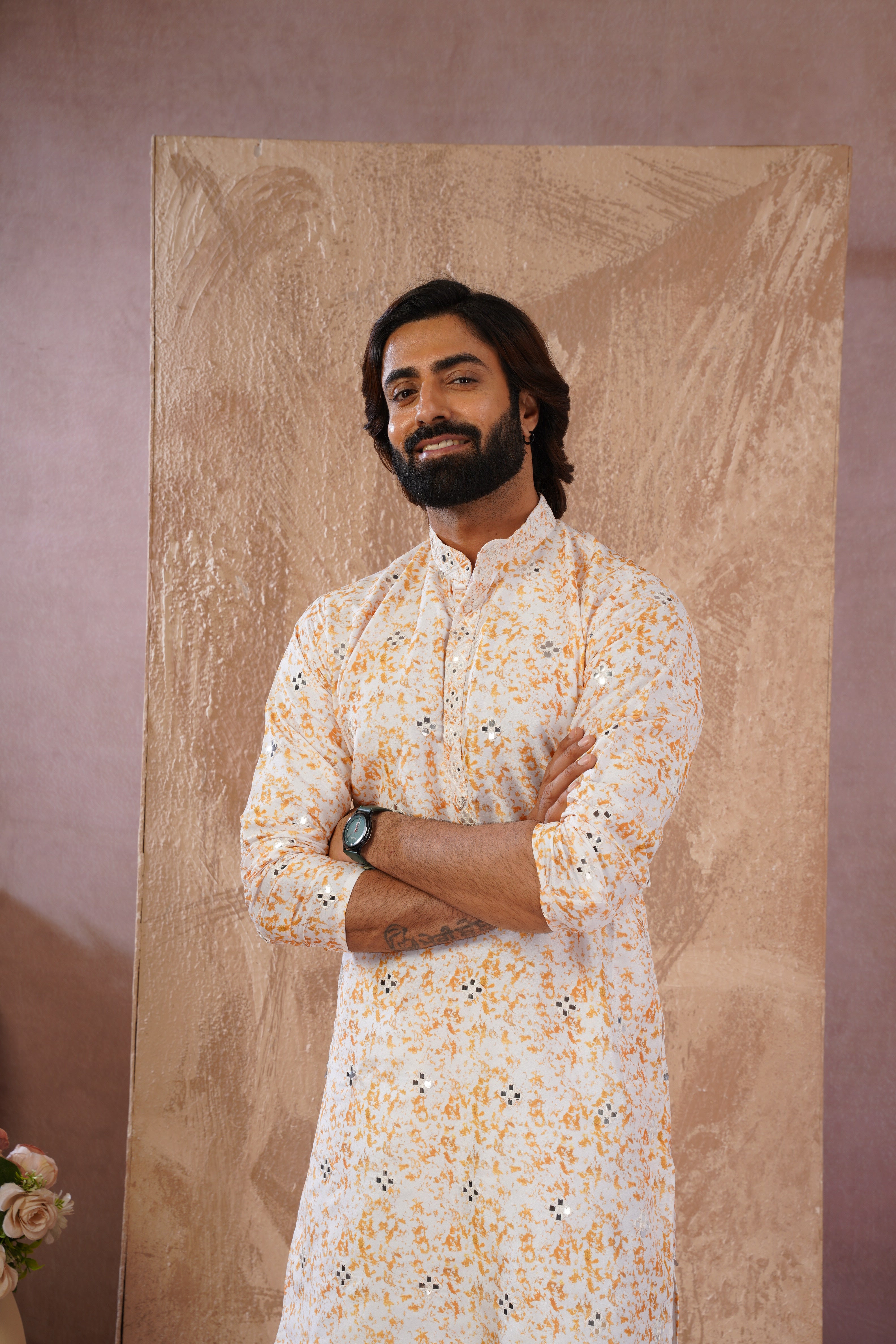 Yellow Splash Print Mens Kurta with Mirror Highlights