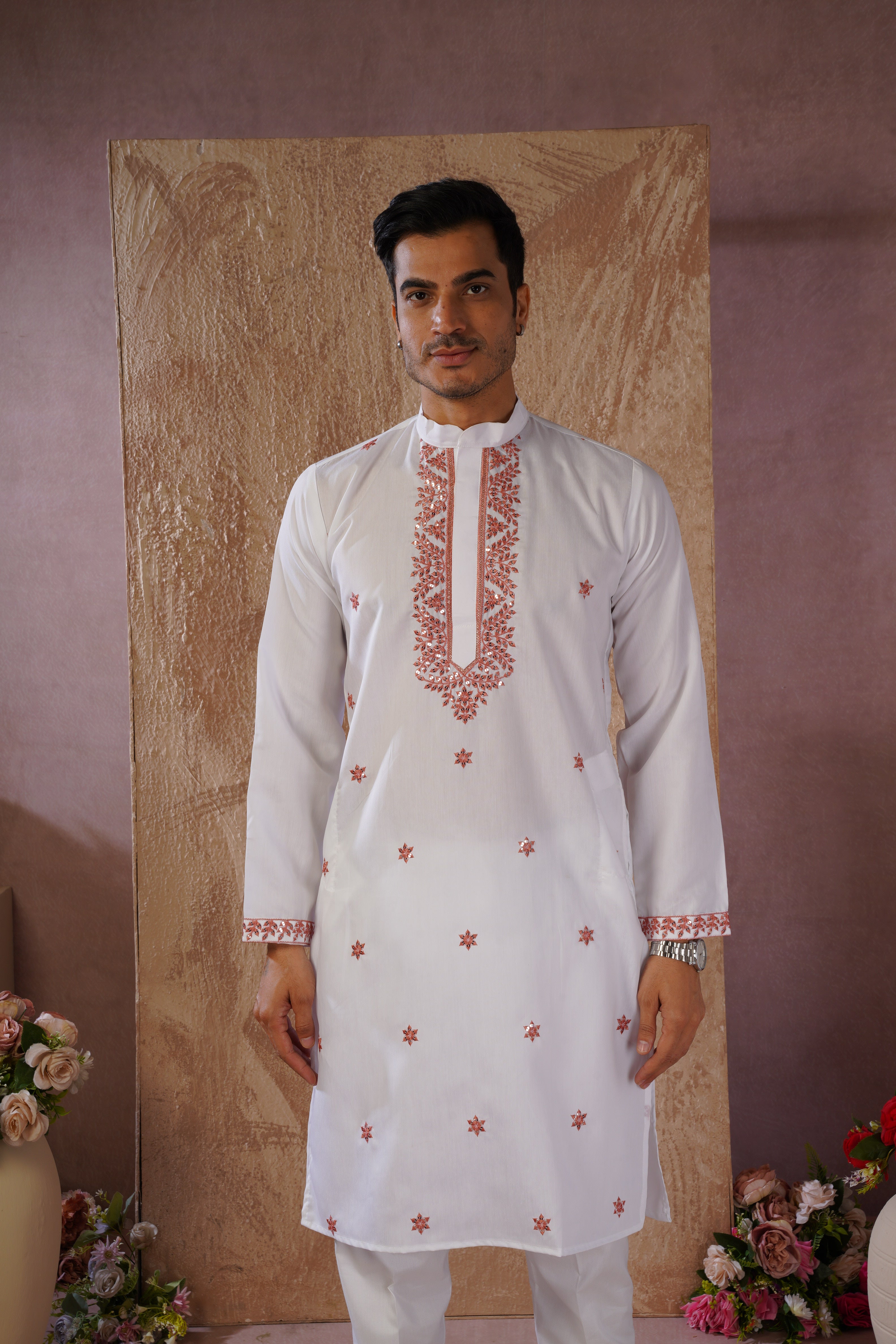 Orange Sequin Motif Neckwork Embroidery Kurta Set