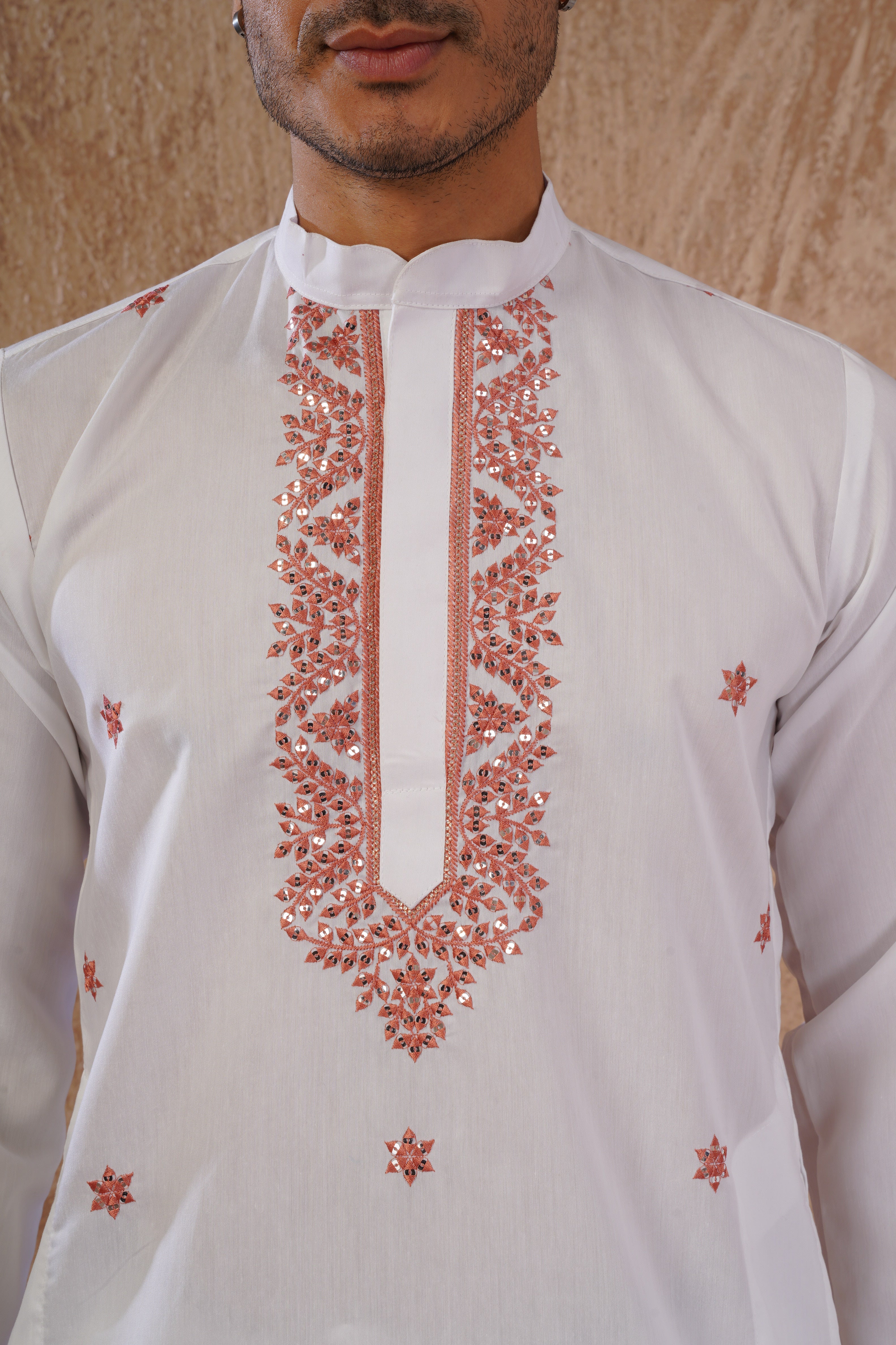 Orange Sequin Motif Neckwork Embroidery Kurta Set
