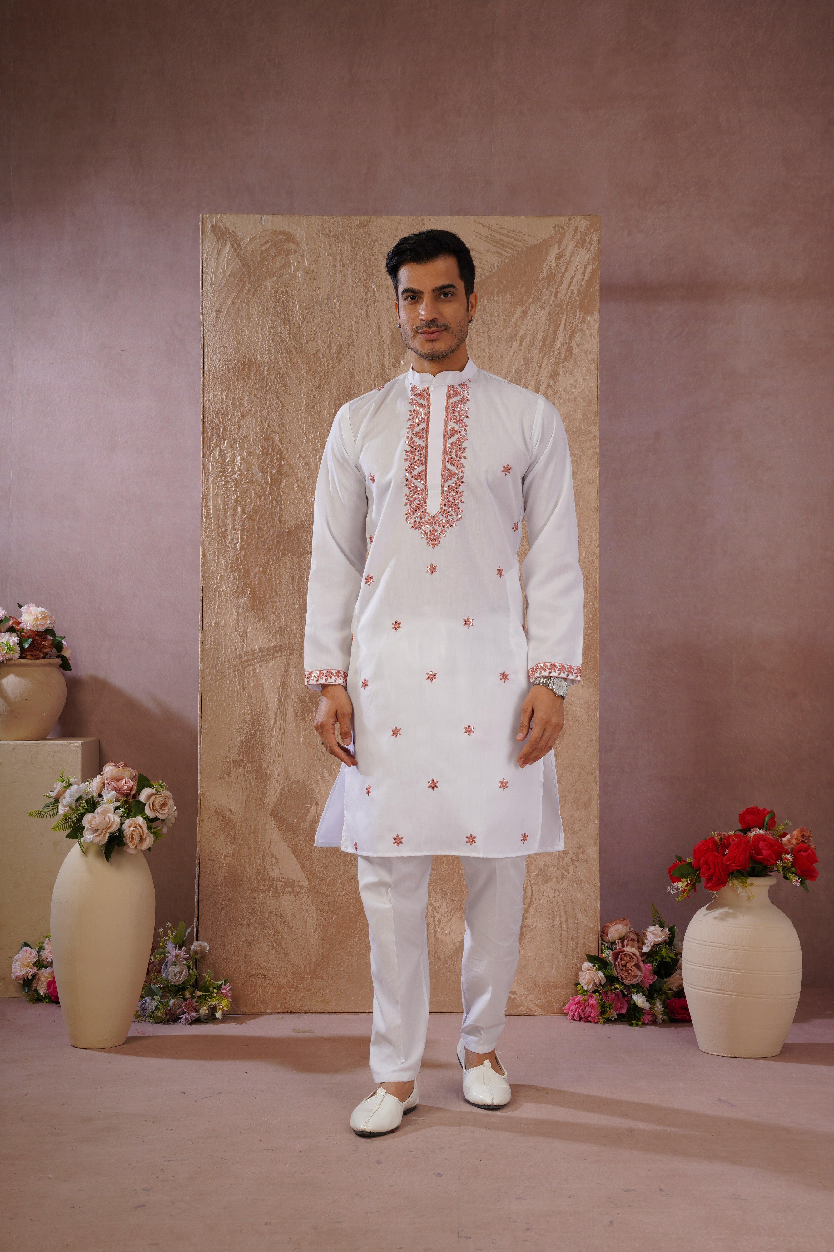 Orange Sequin Motif Neckwork Embroidery Kurta Set