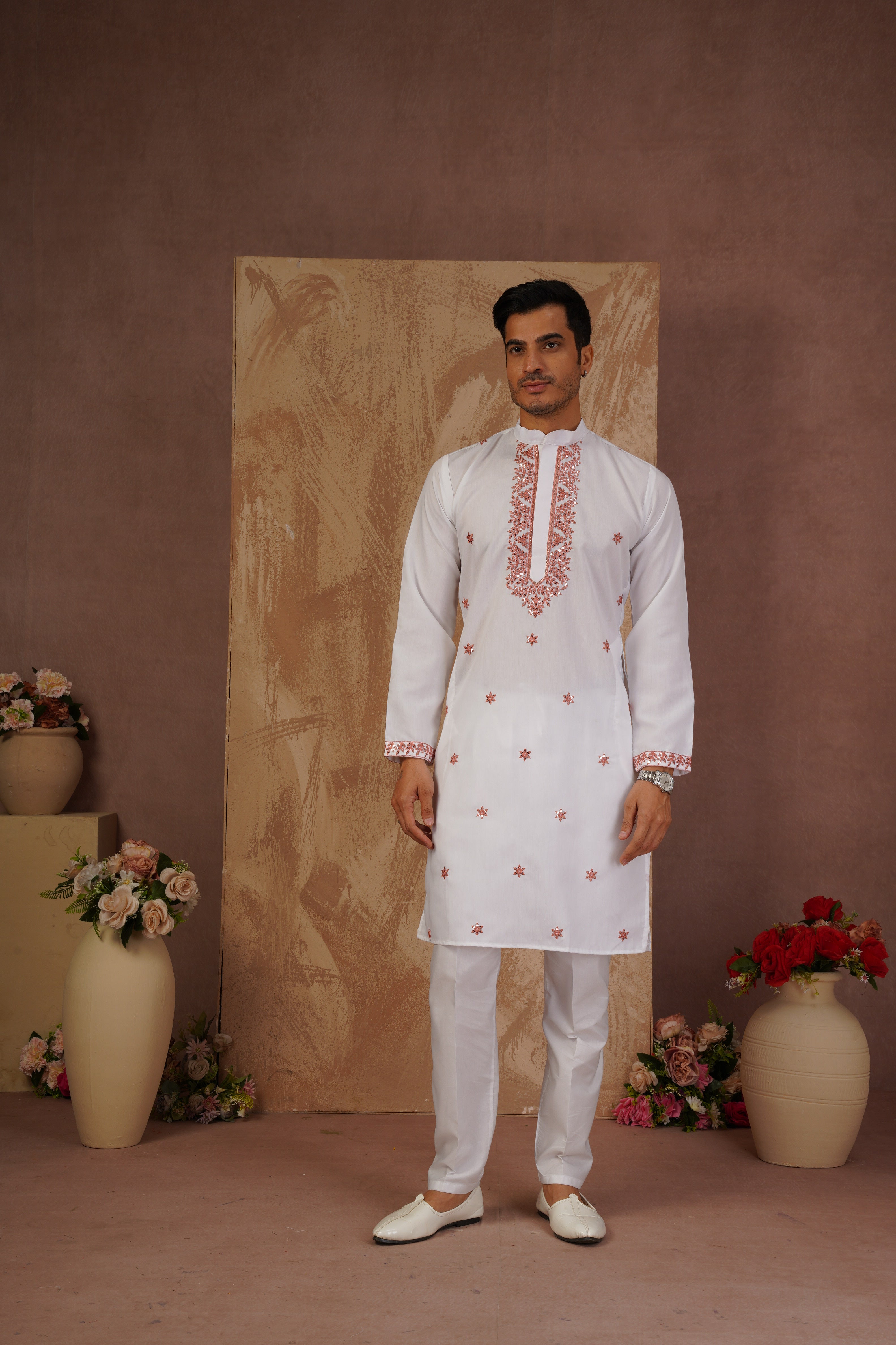 Orange Sequin Motif Neckwork Embroidery Kurta Set