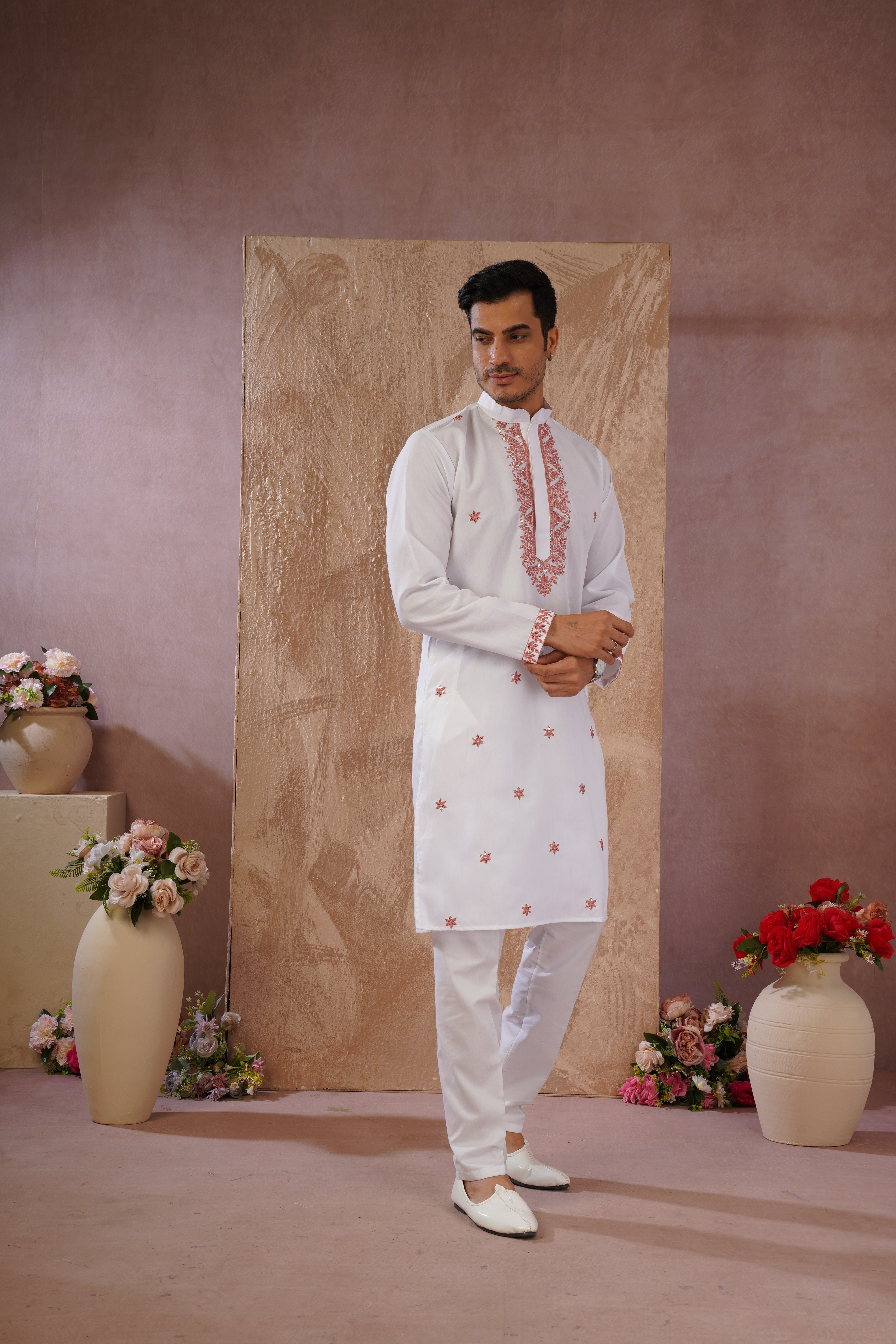 Orange Sequin Motif Neckwork Embroidery Kurta Set